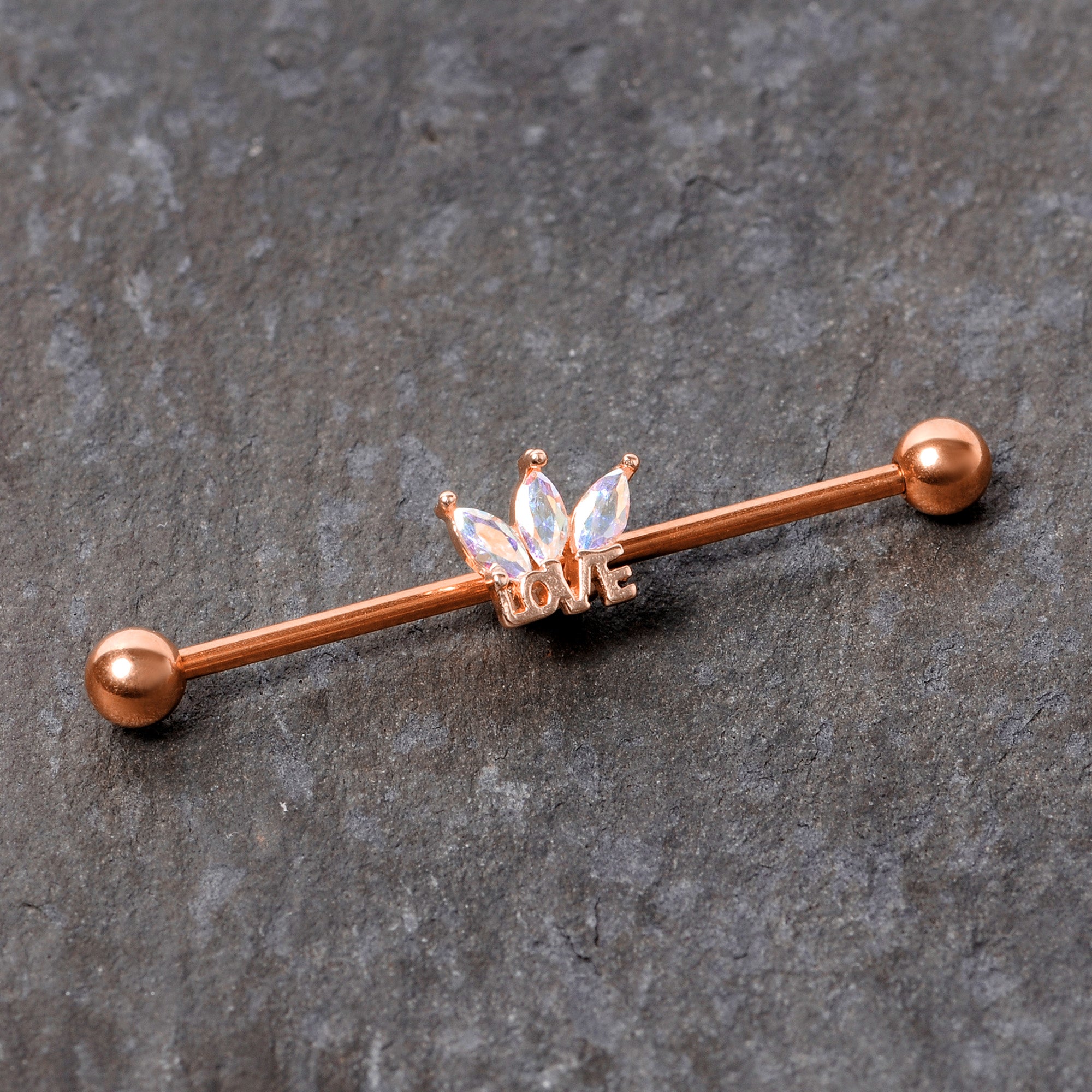 14G Aurora Gem Rose Gold Tone Crown Love Industrial Barbell 38mm