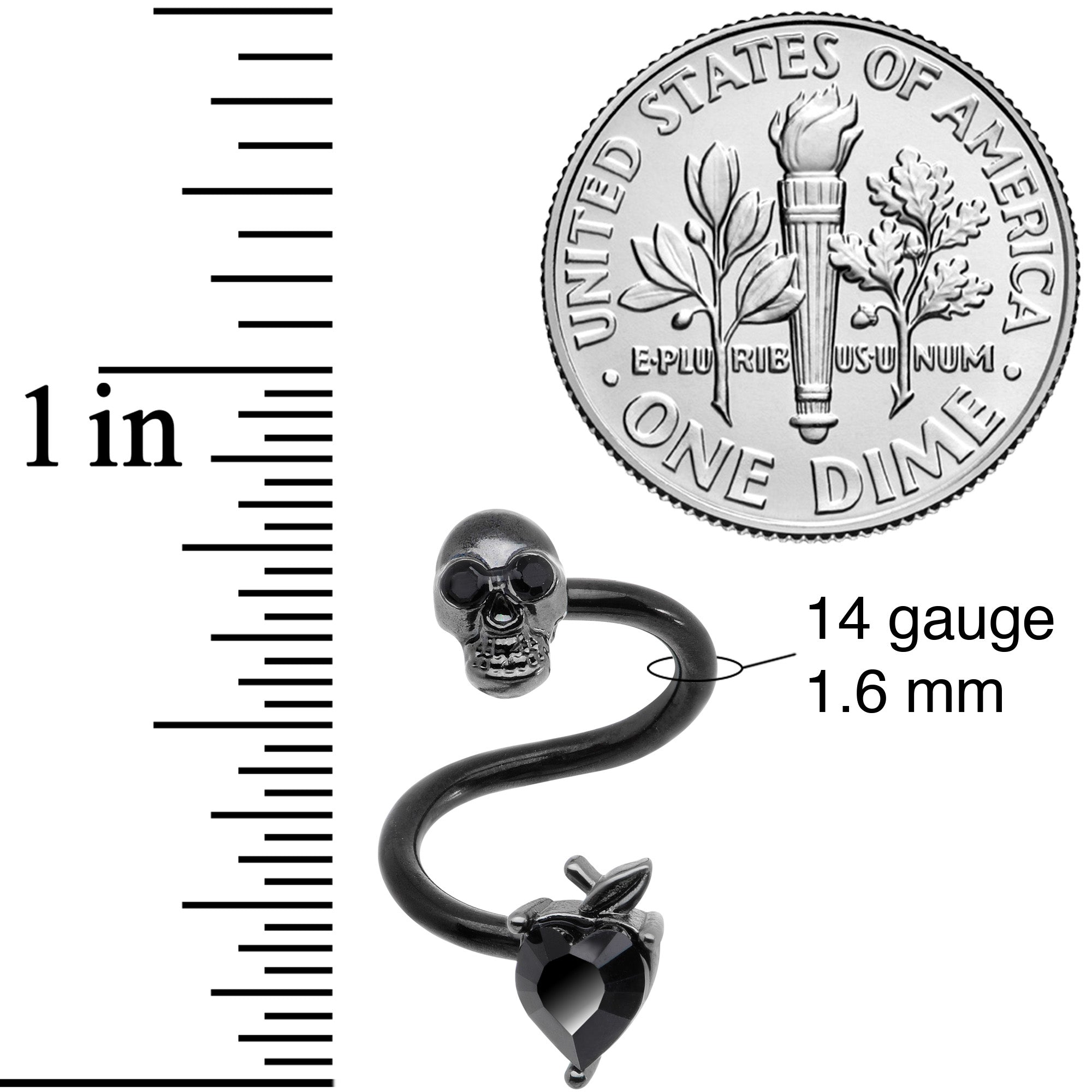 14G 1/2 Black CZ Gem Halloween Skull Spiral Twister Belly Ring