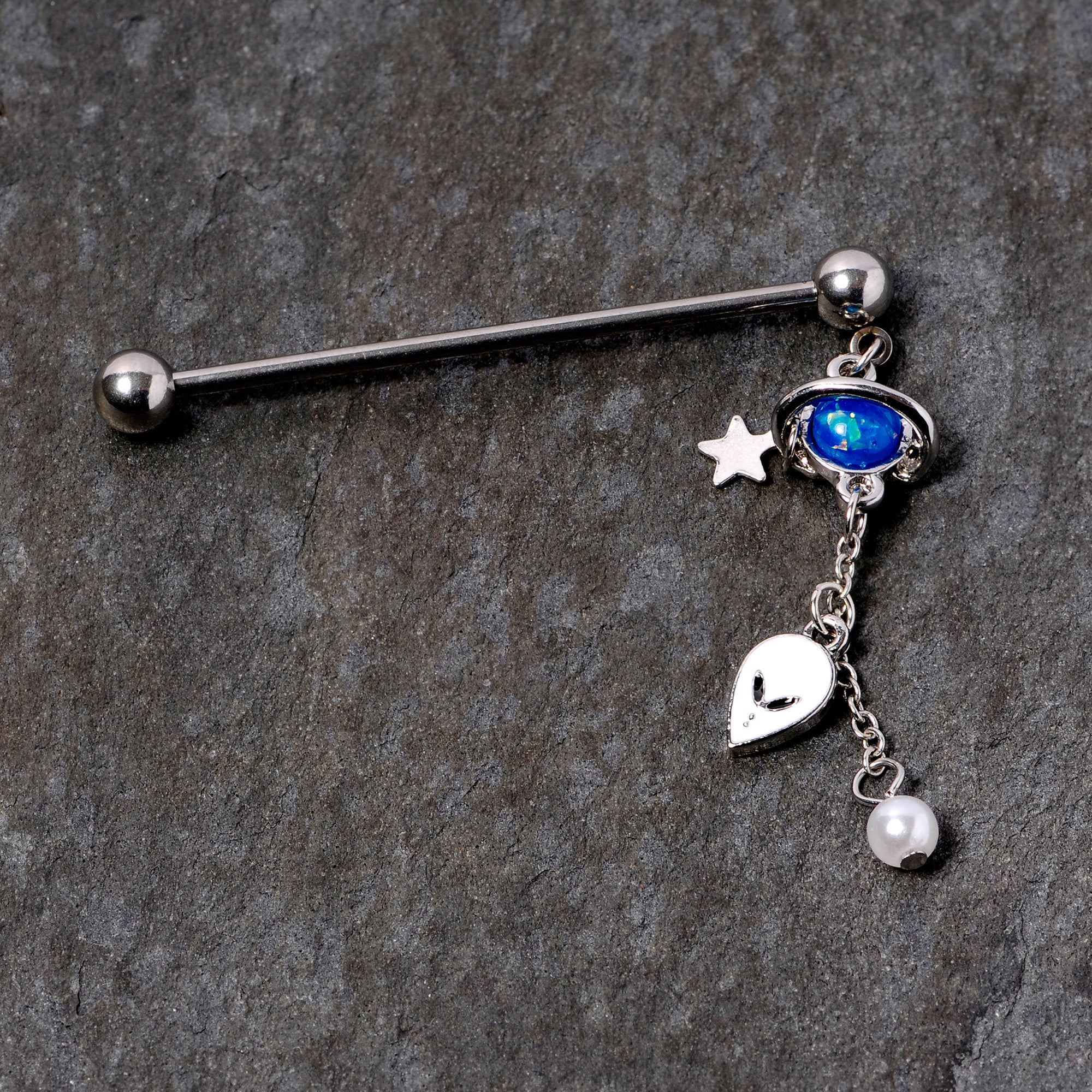 14G Blue Faux Opal Planet Alien Dangle Industrial Barbell 38mm