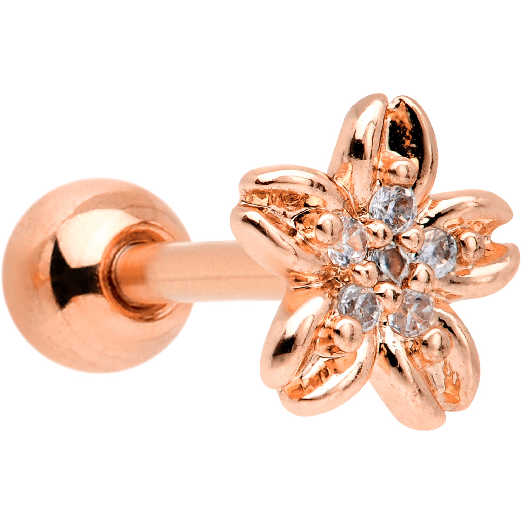16G 1/4 Clear Gem Rose Gold Tone Flower Cartilage Tragus Earring