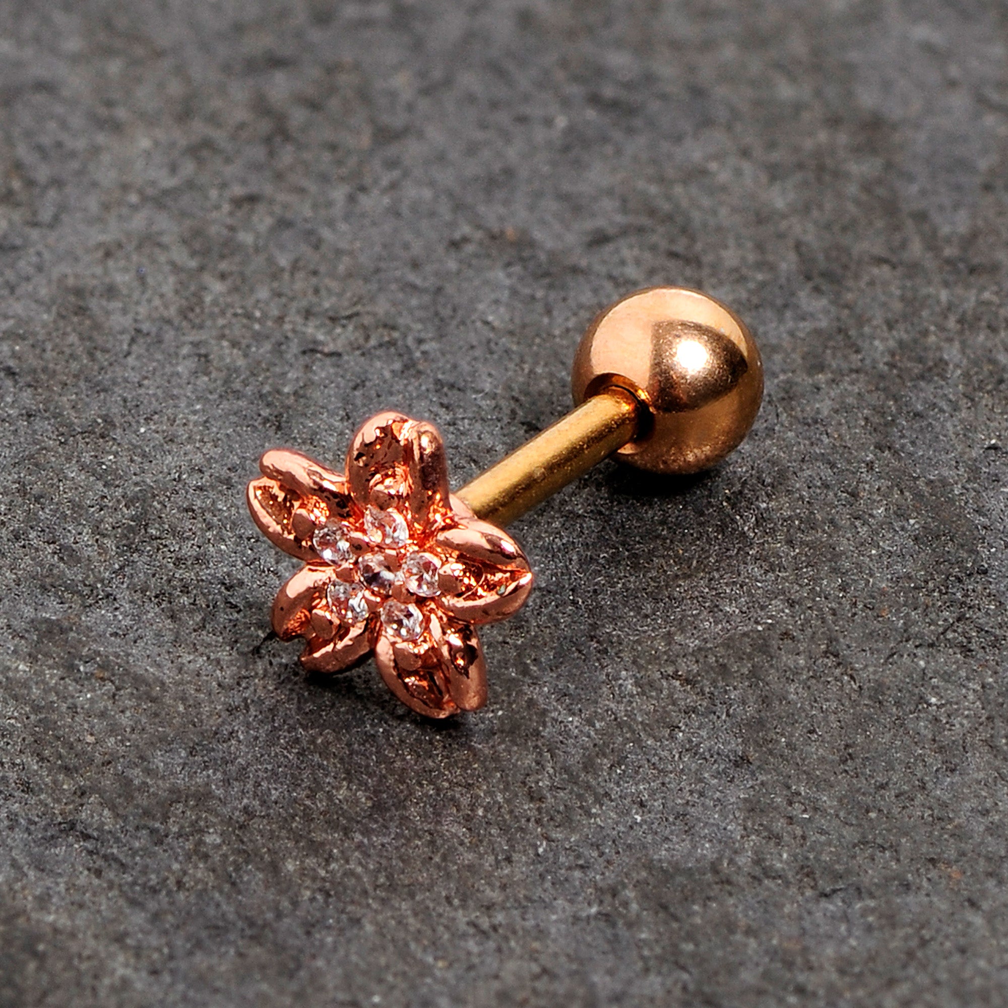 16G 1/4 Clear Gem Rose Gold Tone Flower Cartilage Tragus Earring