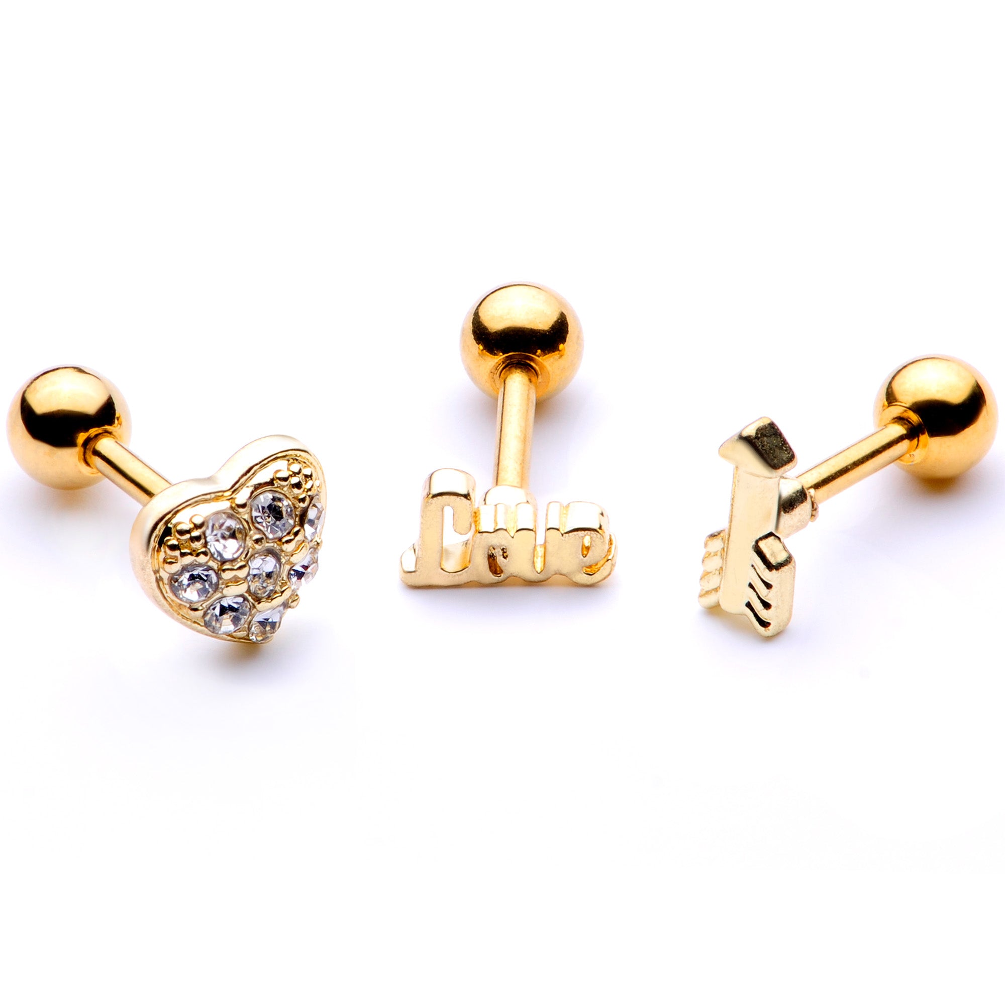 16G 1/4 Clear Gem Gold Tone Plated Valentine Cartilage Set