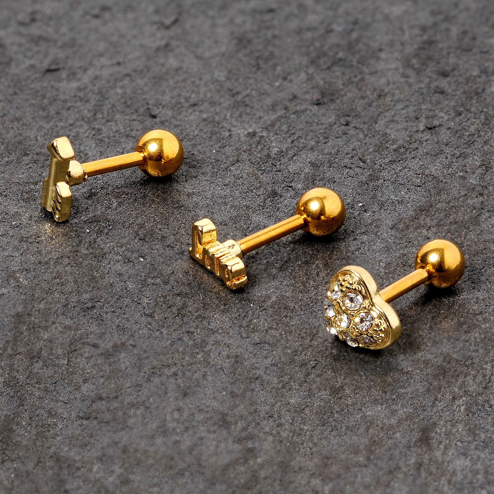 16G 1/4 Clear Gem Gold Tone Plated Valentine Cartilage Set