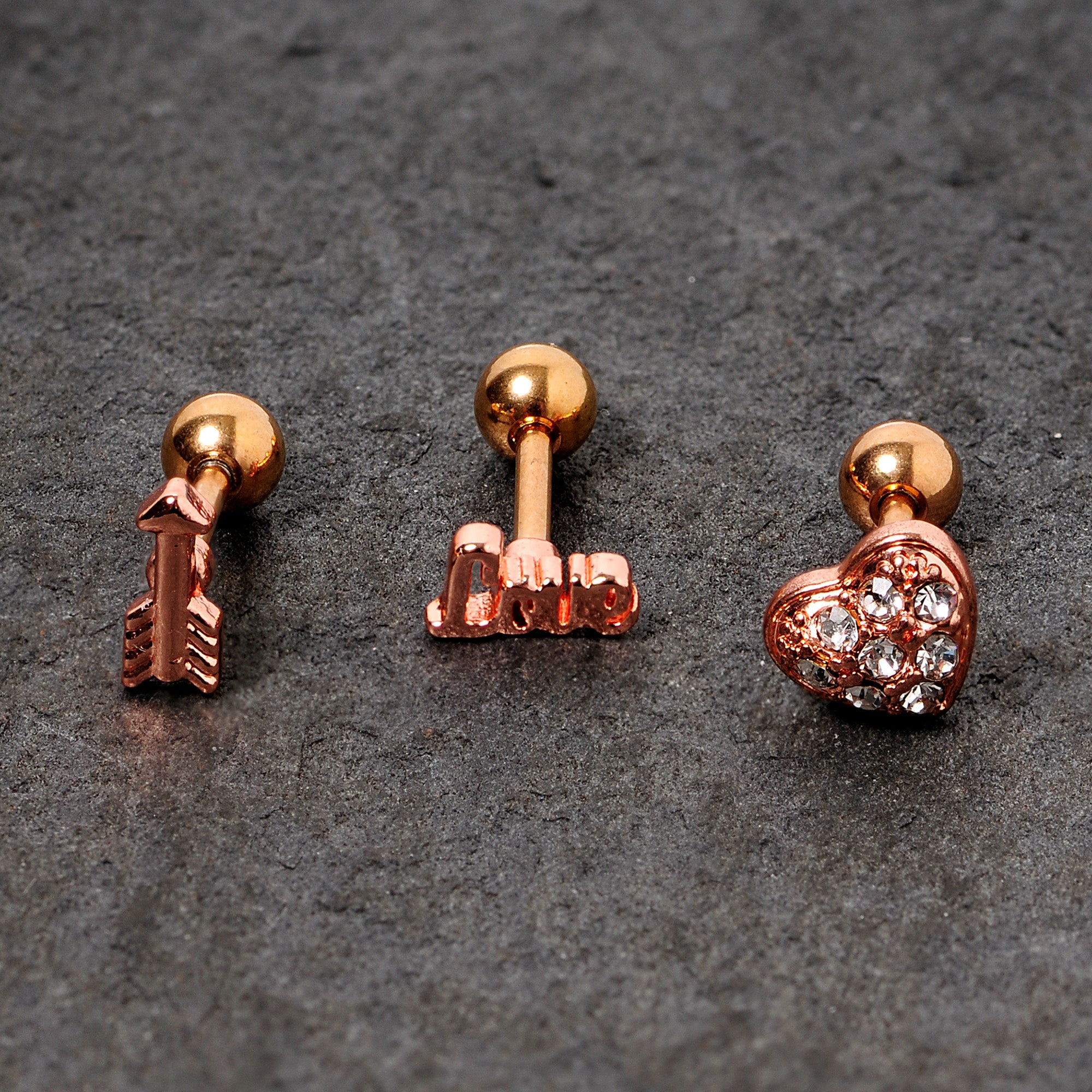 16G 1/4 Clear Gem Rose Gold Tone Plated Valentine Cartilage Set