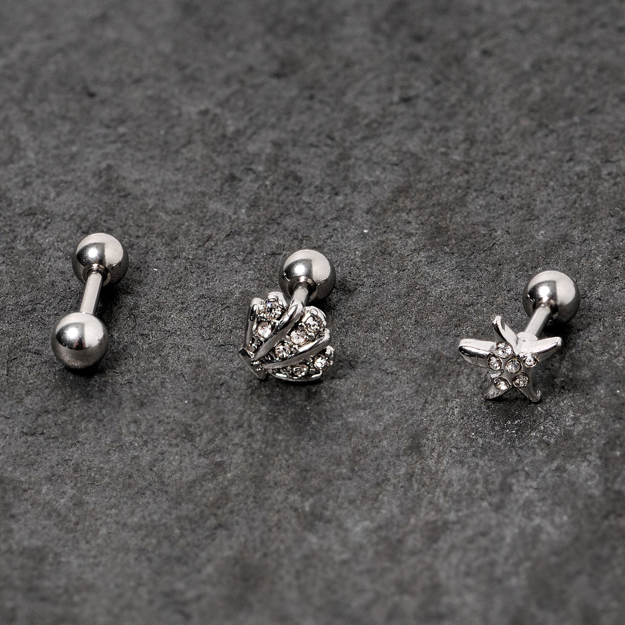 16G 1/4 Clear Gem Starfish Nautical Cartilage Tragus Set of 3