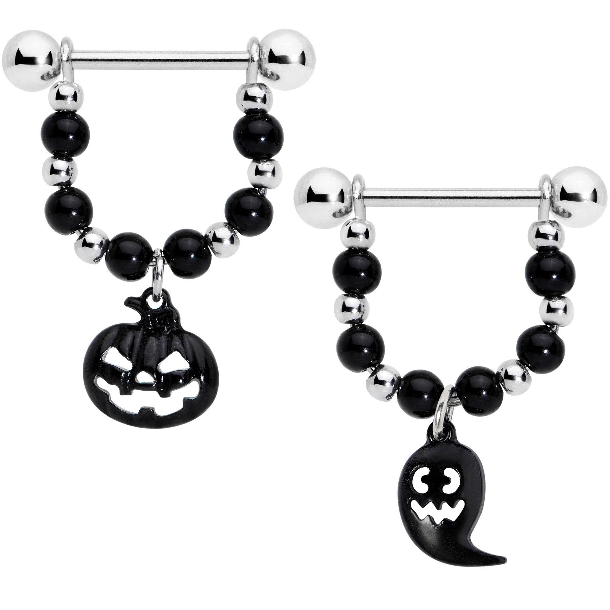 14G 5/8 Black Pumpkin Ghost Halloween Dangle Nipple Ring Set