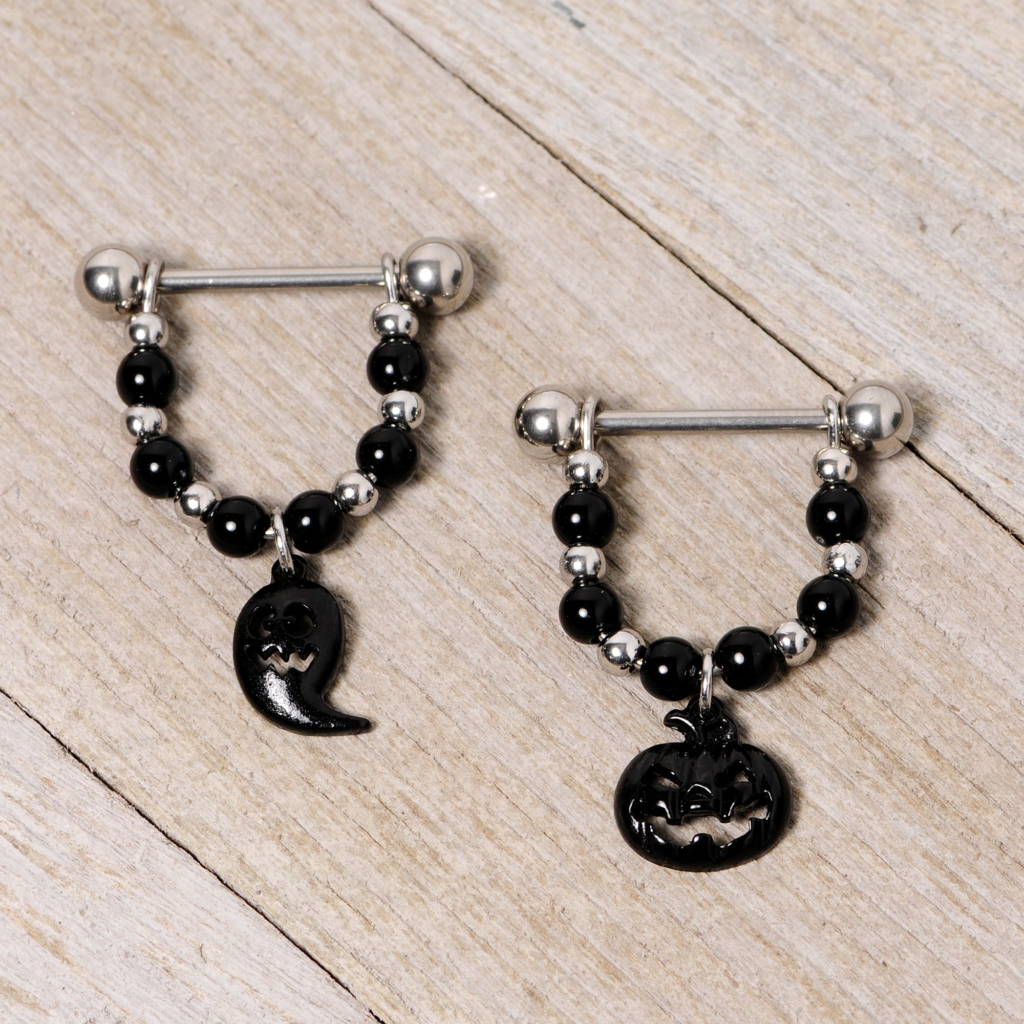 14G 5/8 Black Pumpkin Ghost Halloween Dangle Nipple Ring Set