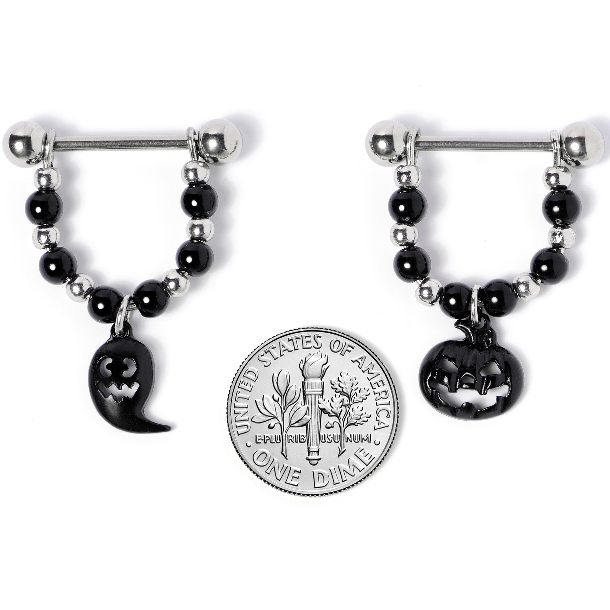 14G 5/8 Black Pumpkin Ghost Halloween Dangle Nipple Ring Set