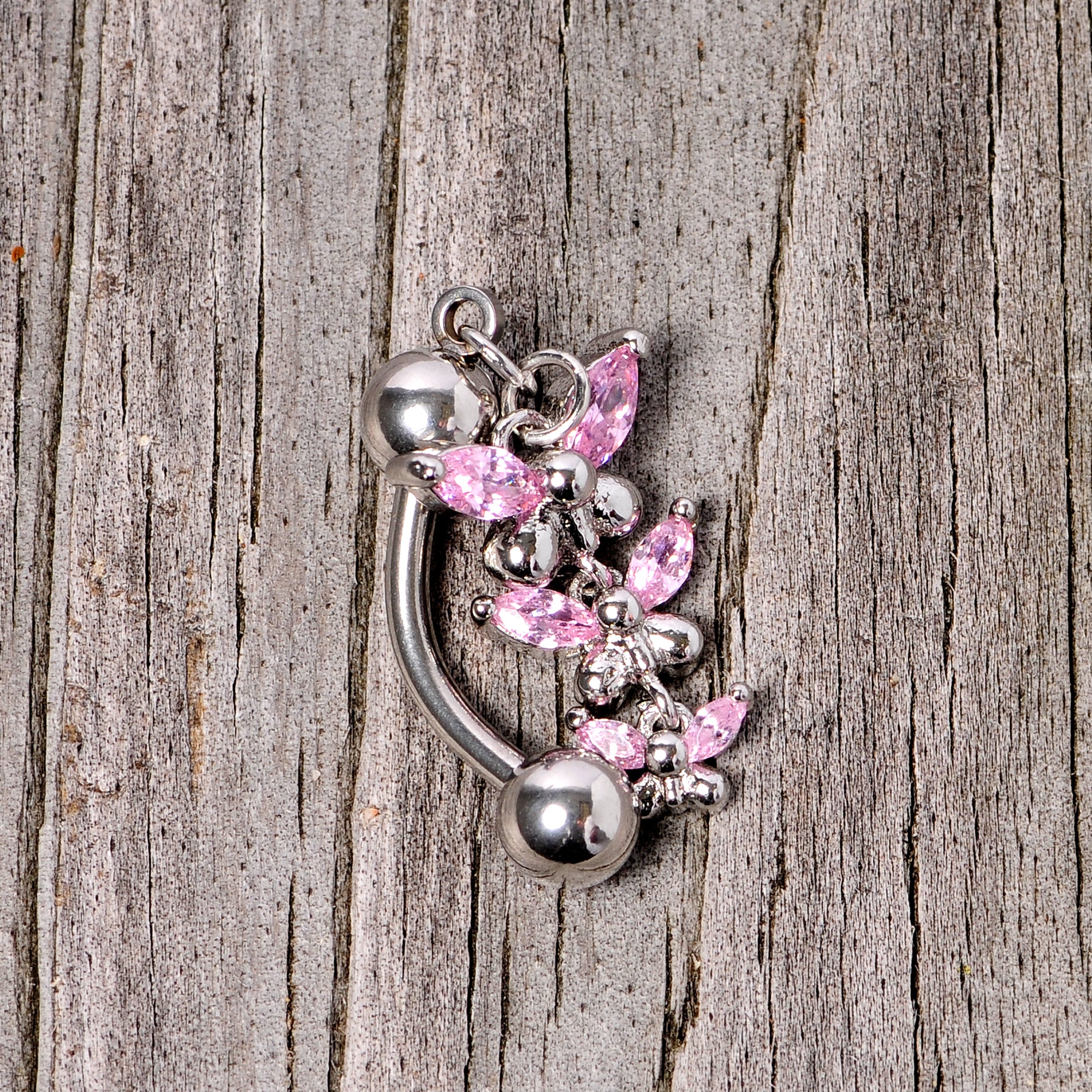 Pink Gem Band of Butterflies Top Mount Dangle Belly Ring