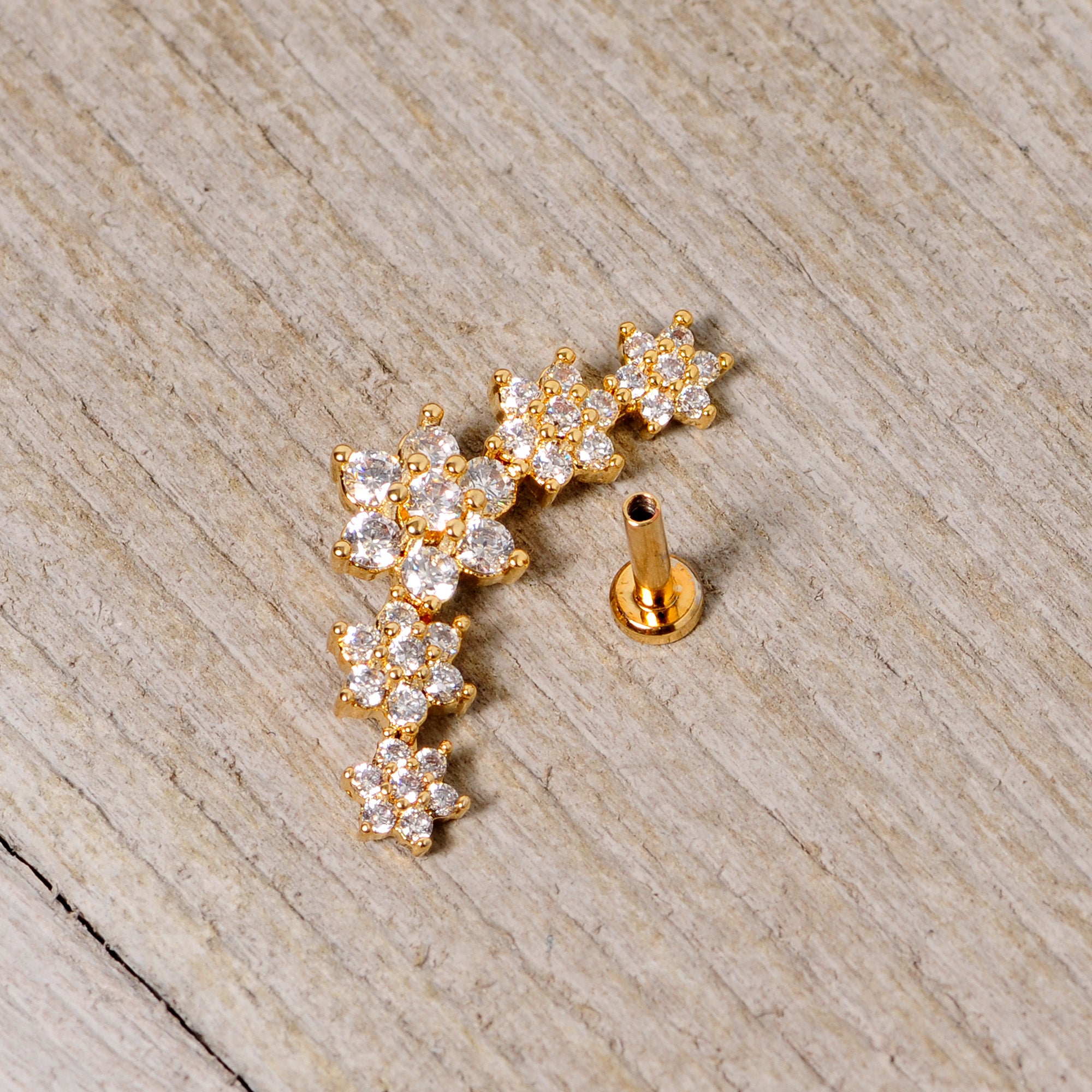 16G 1/4 Clear CZ Gem Gold Tone Floral Internal Thread Labret