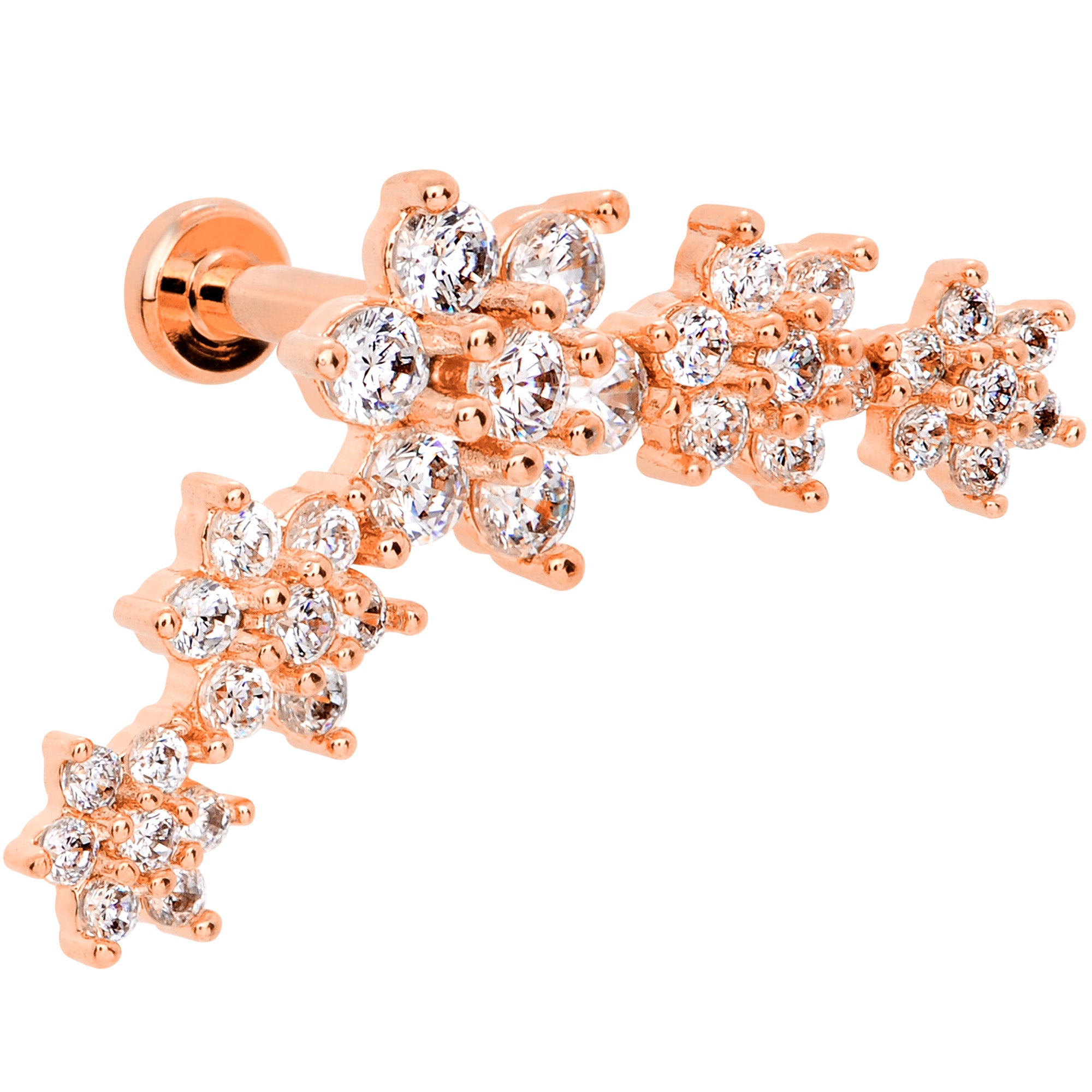 16G 1/4 Clear CZ Gem Rose Gold Tone Floral Internal Thread Labret