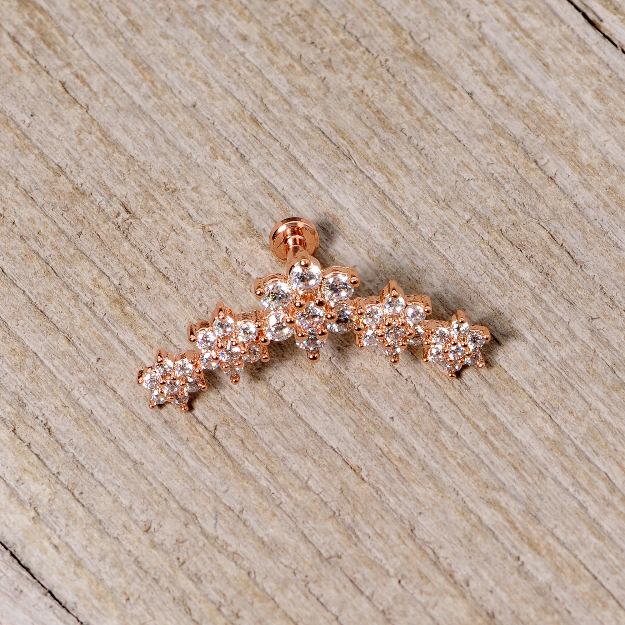 16G 1/4 Clear CZ Gem Rose Gold Tone Floral Internal Thread Labret