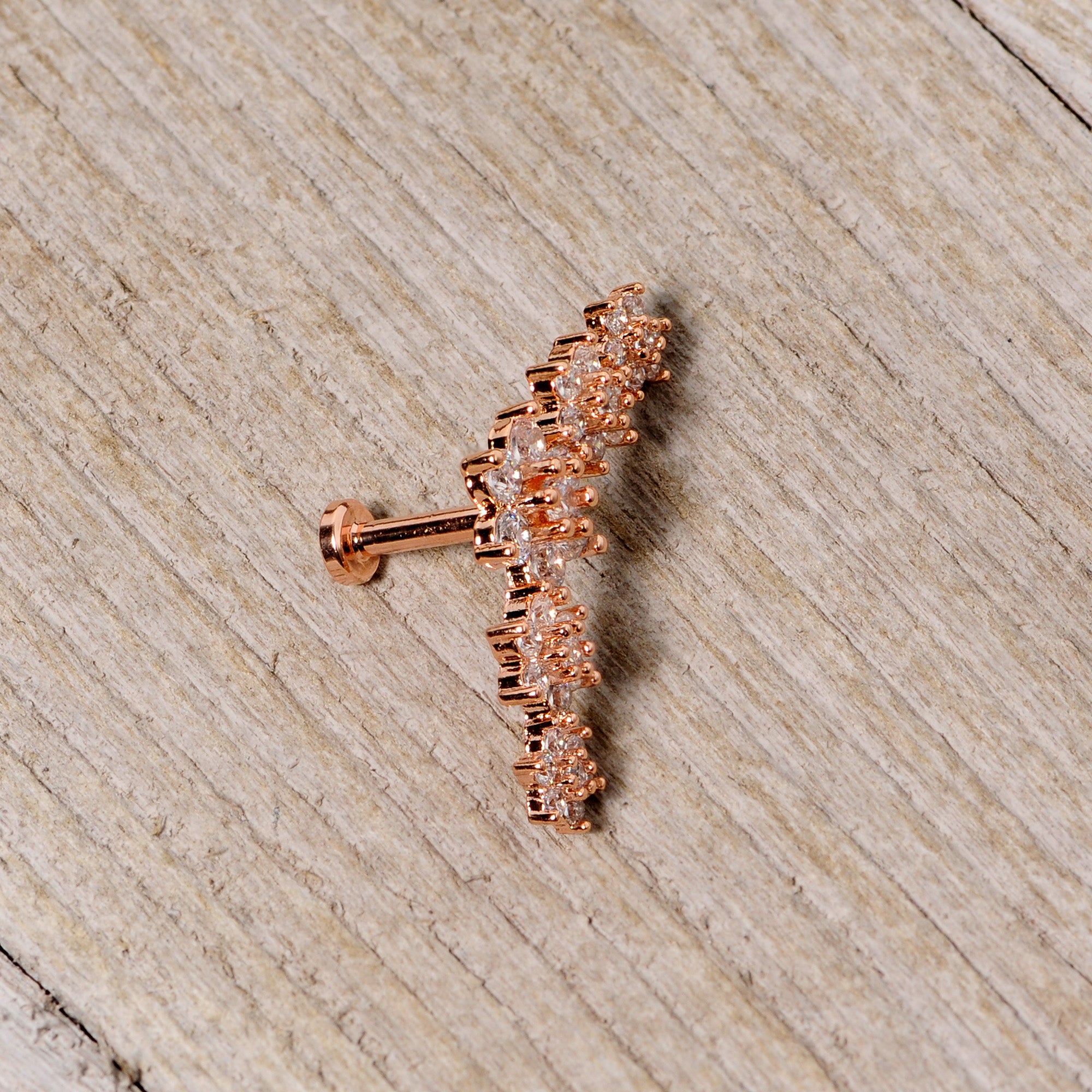 16G 1/4 Clear CZ Gem Rose Gold Tone Floral Internal Thread Labret