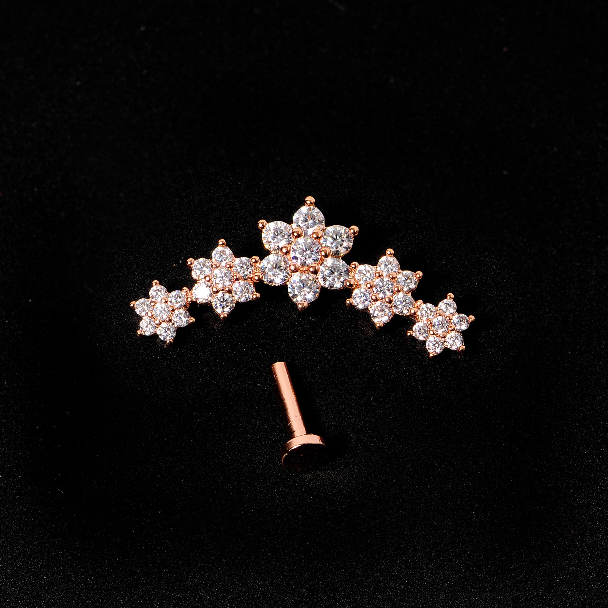 16G 1/4 Clear CZ Gem Rose Gold Tone Floral Internal Thread Labret