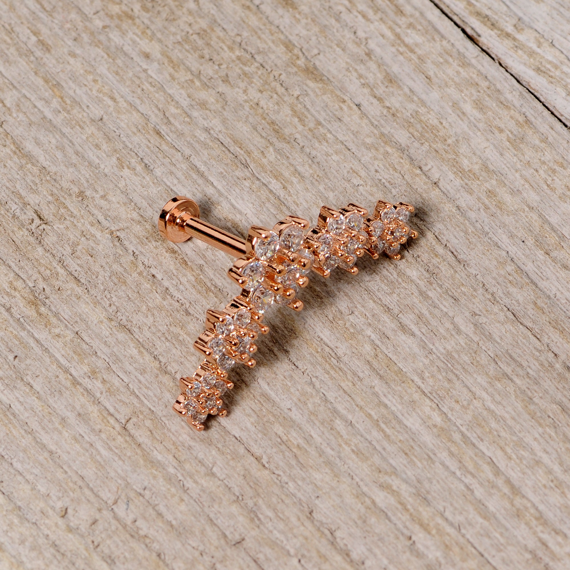 16G 5/16 Clear CZ Rose Gold Tone Floral Internal Thread Labret