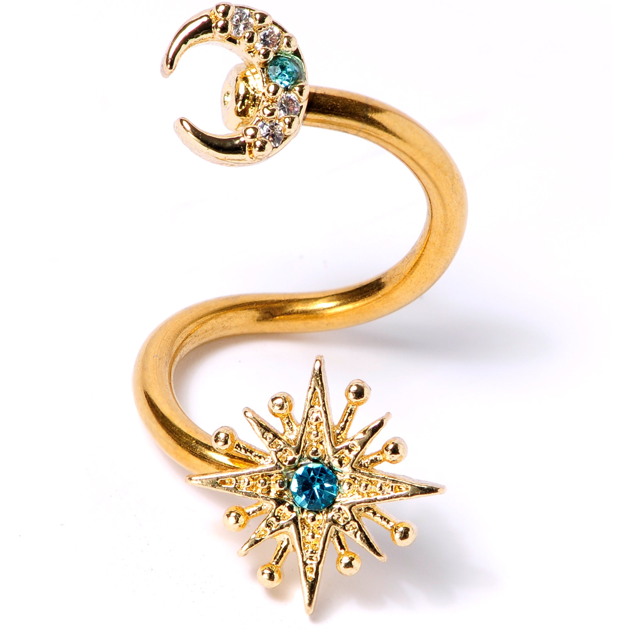 14G 3/8 Clear Blue Gem Gold Tone Moon Star Spiral Twister Belly Ring
