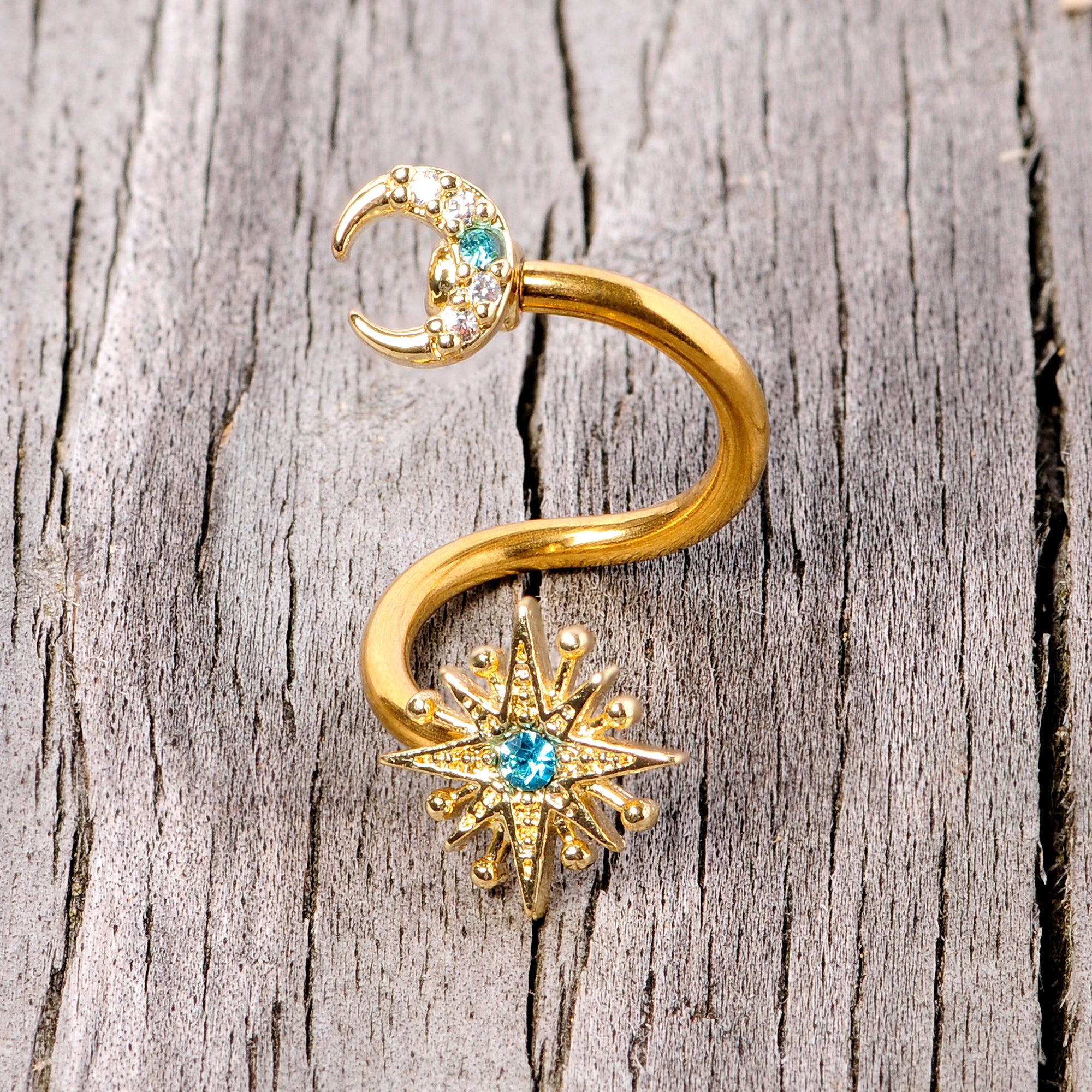 14G 3/8 Clear Blue Gem Gold Tone Moon Star Spiral Twister Belly Ring