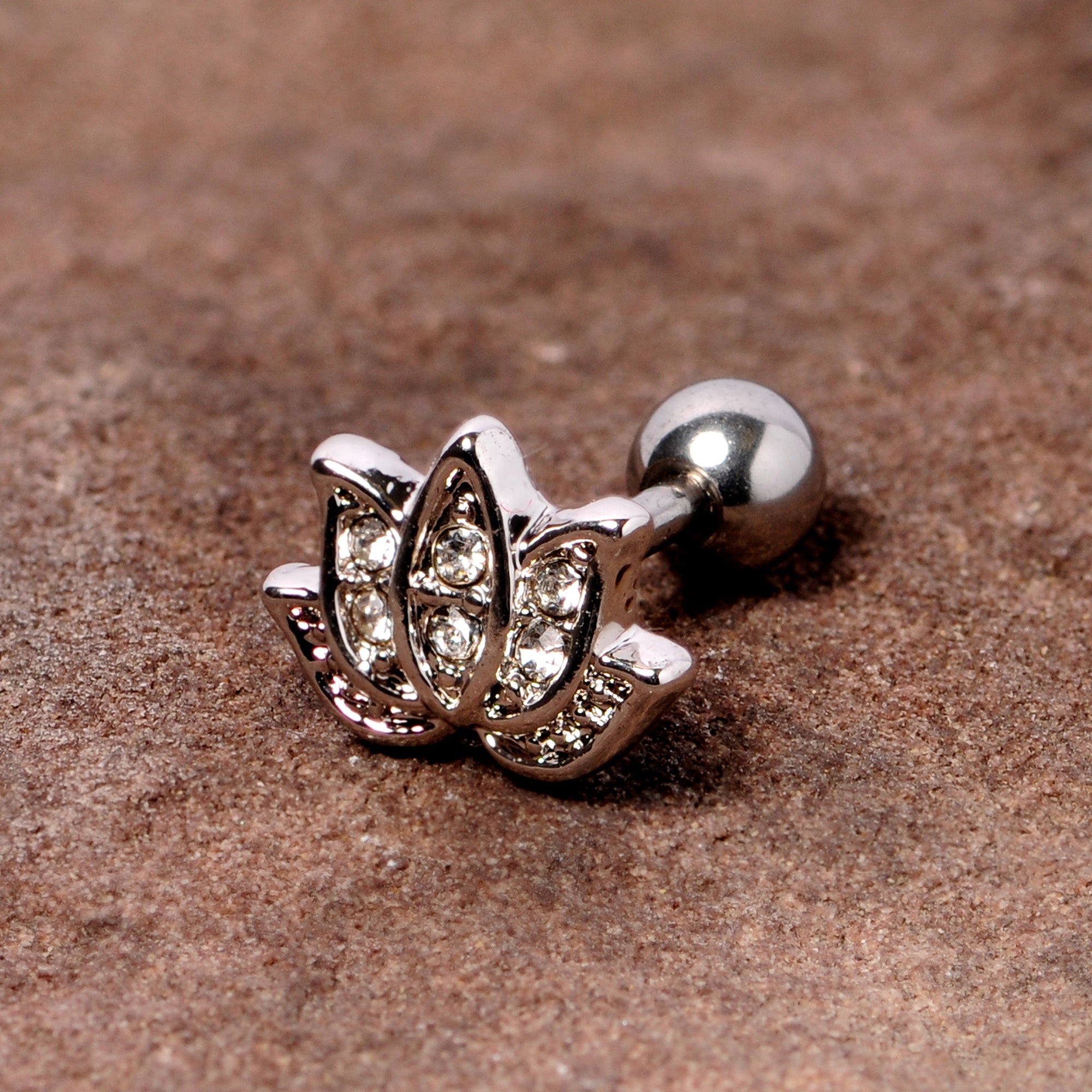 16G 1/4 Clear Gem Lotus Flower Cartilage Tragus Earring