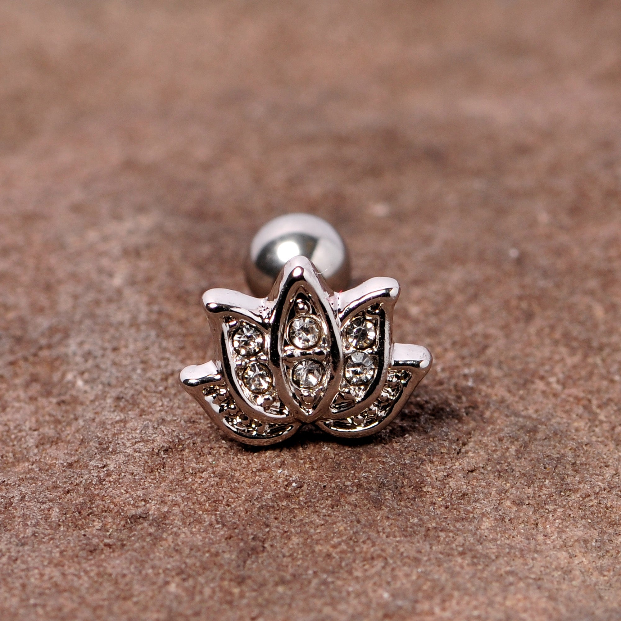 16G 1/4 Clear Gem Lotus Flower Cartilage Tragus Earring