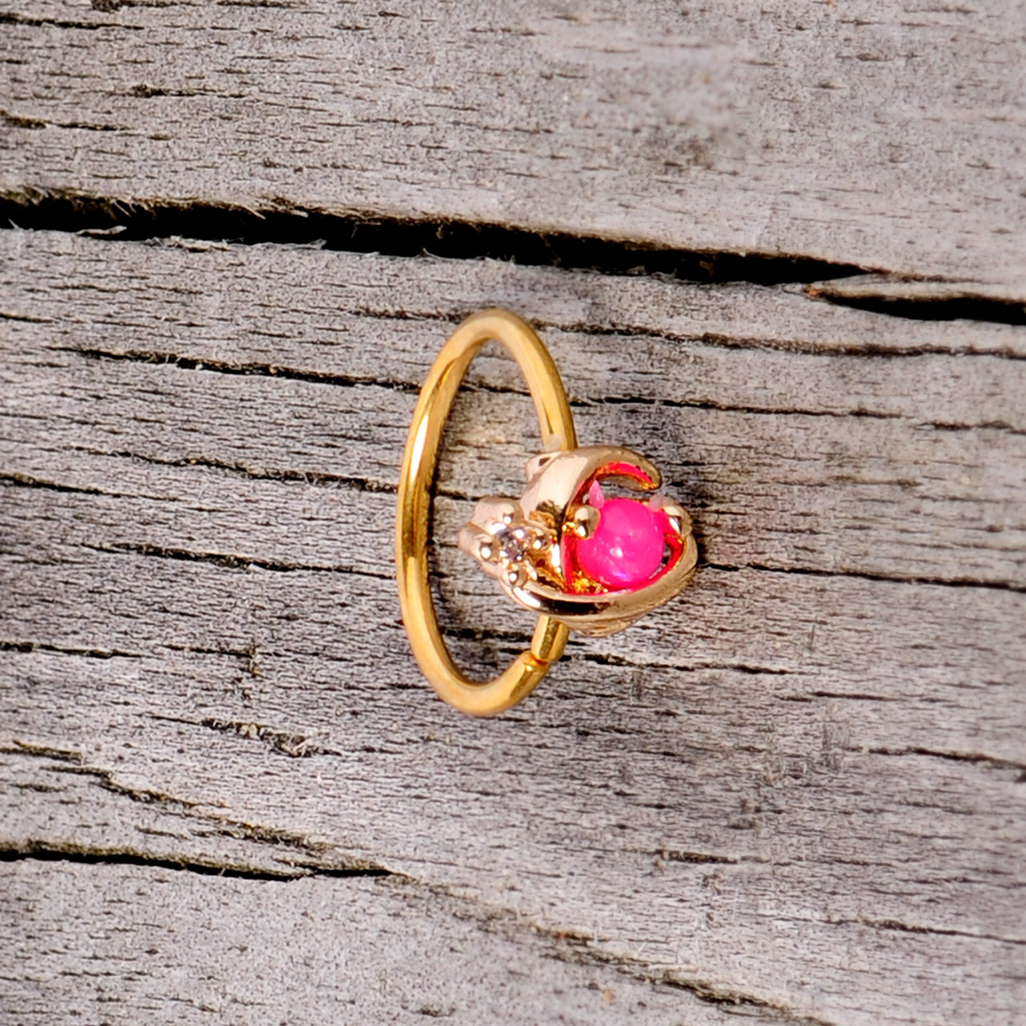 20G 5/16 Clear CZ Gem Pink Faux Opal Gold Tone Planet Nose Hoop