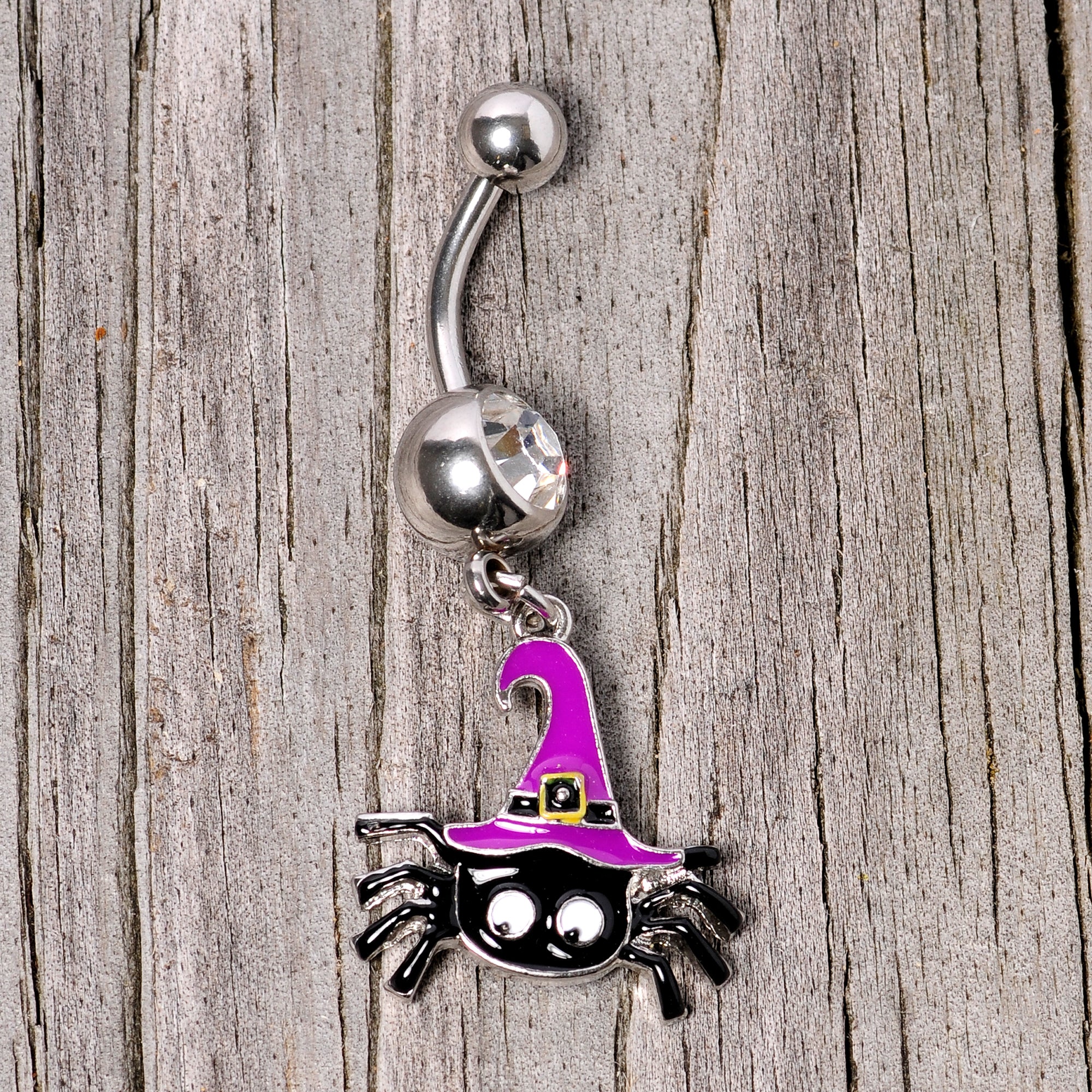 Clear Gem Black Purple Witchy Spider Halloween Dangle Belly Ring