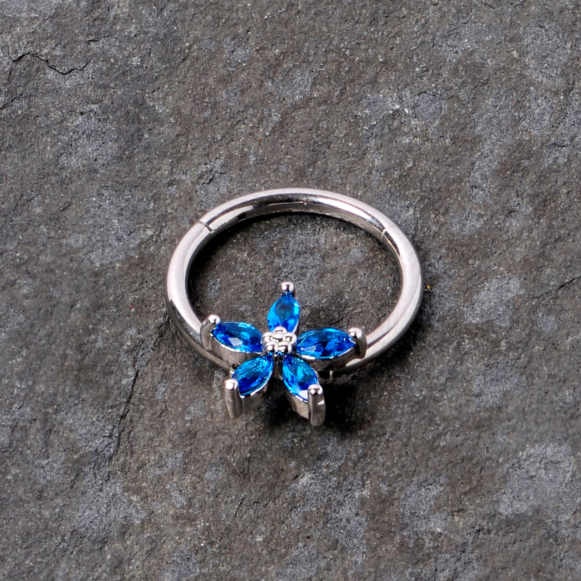 16G 3/8 Blue Gem Royal Flower Hinged Segment Ring