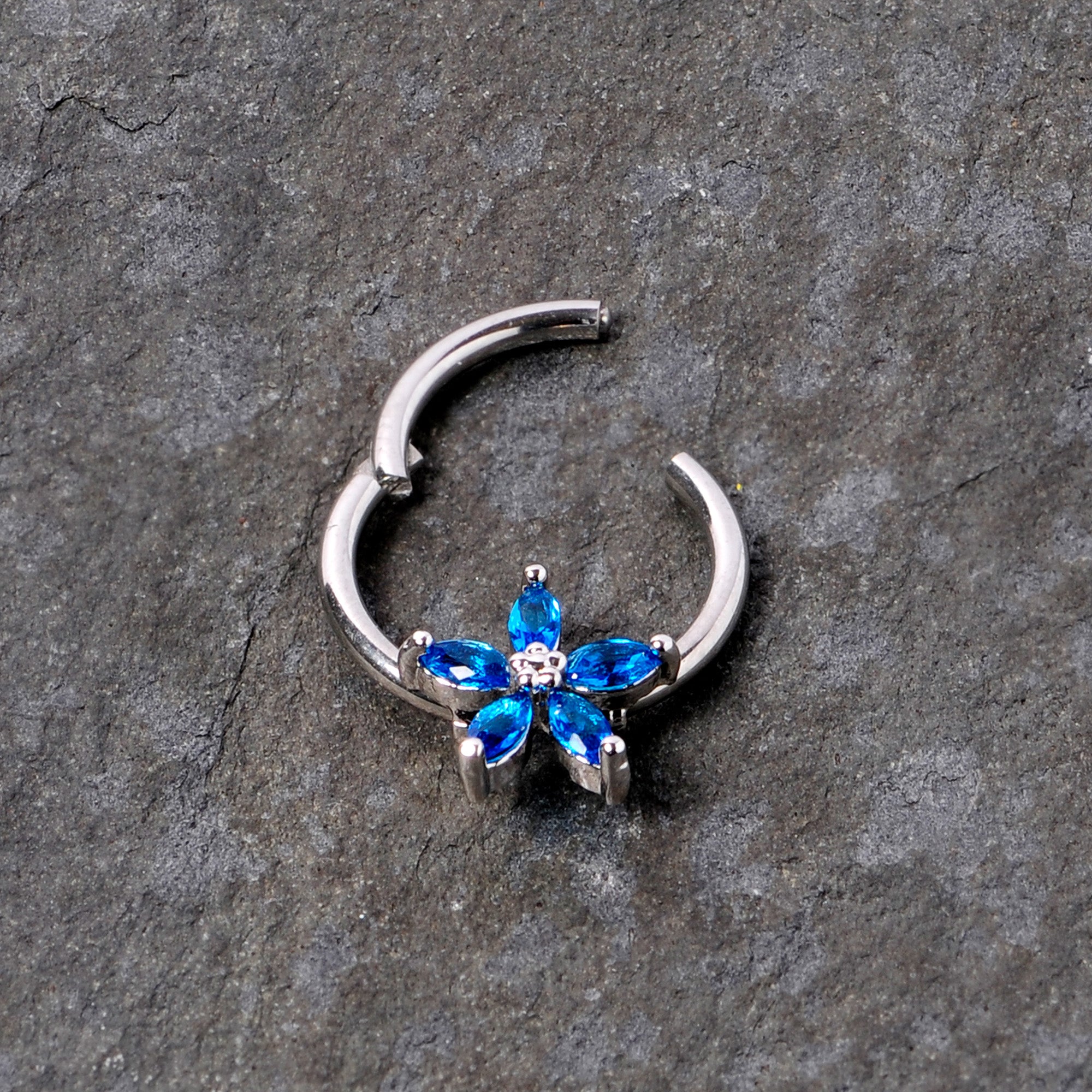 16G 3/8 Blue Gem Royal Flower Hinged Segment Ring
