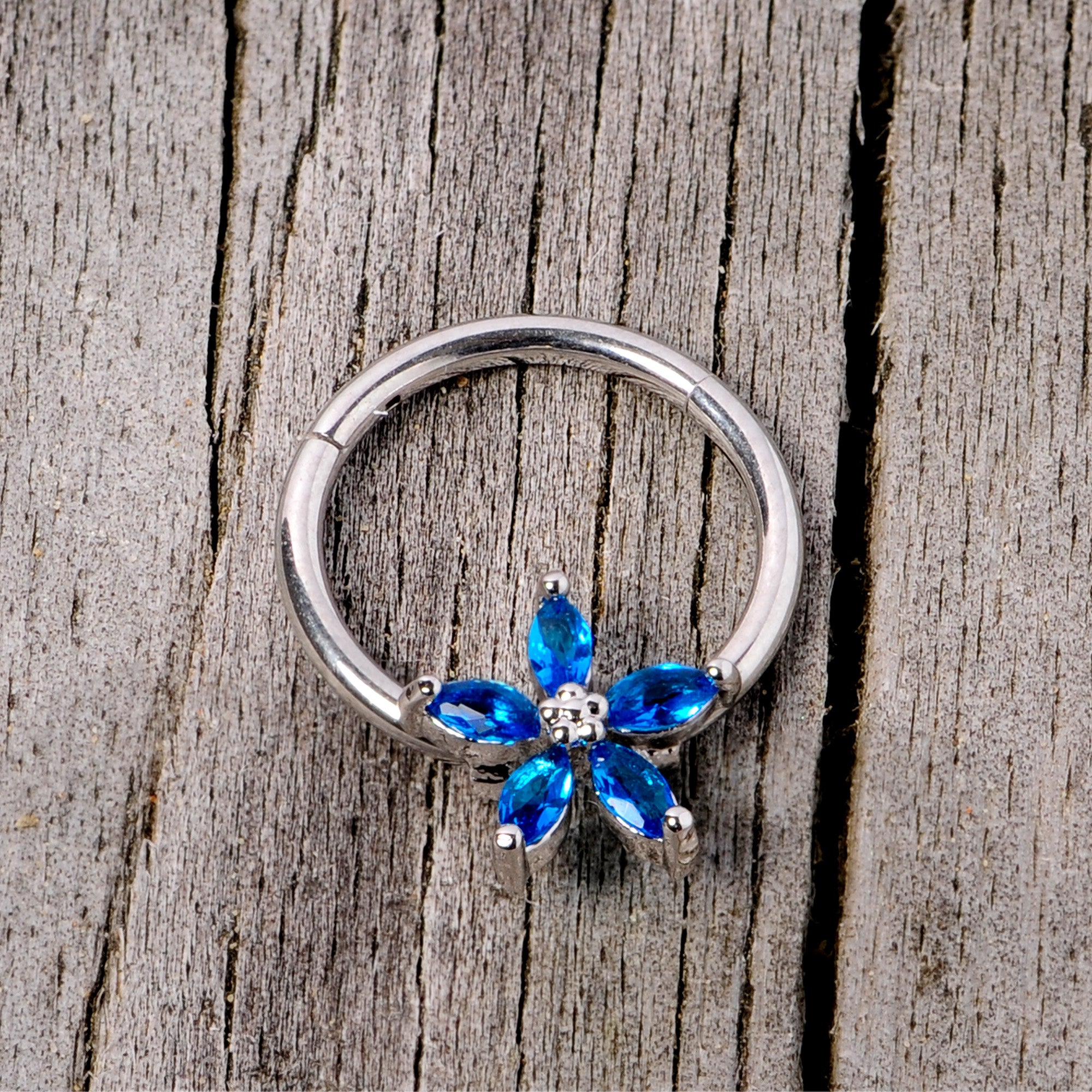 16G 3/8 Blue Gem Royal Flower Hinged Segment Ring