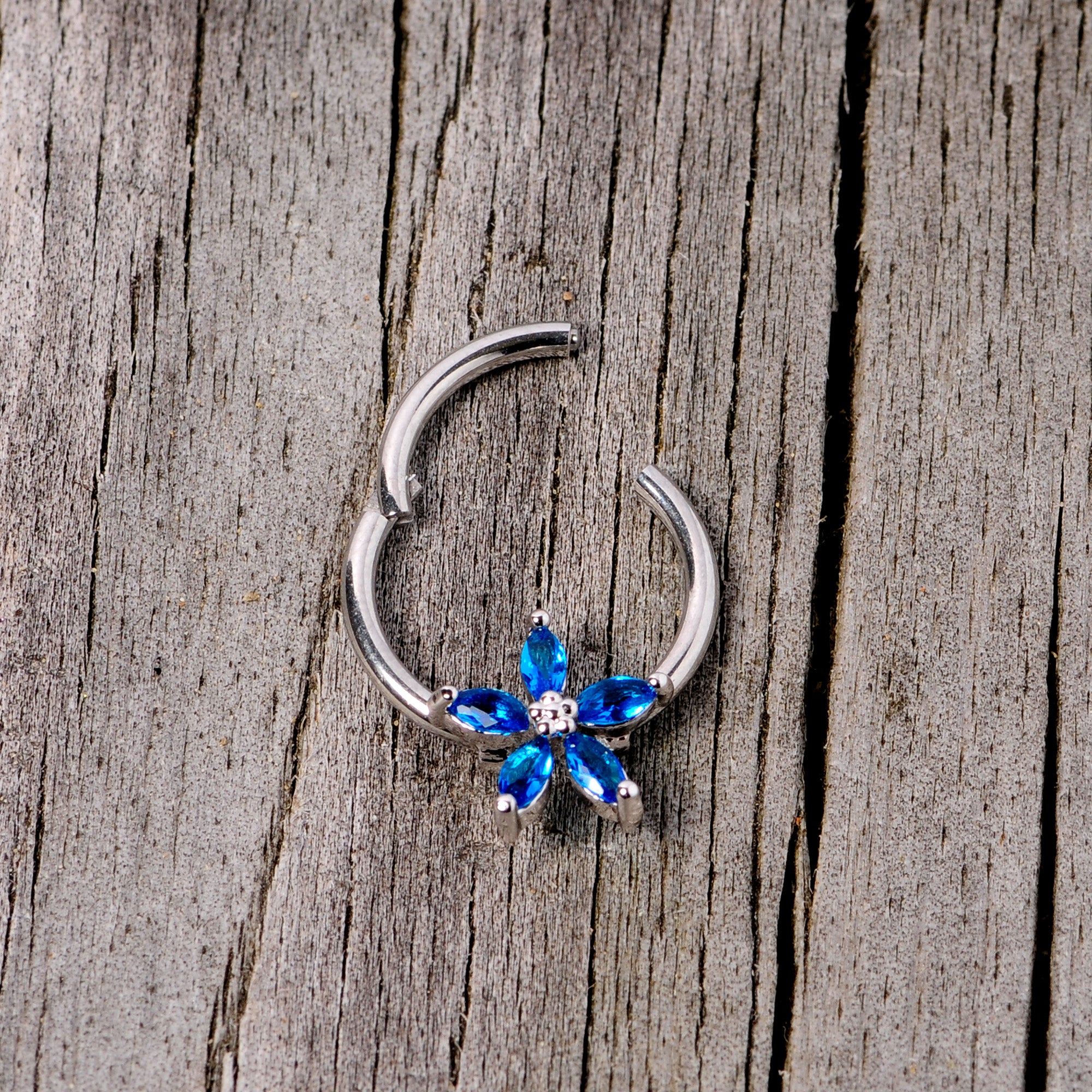 16G 3/8 Blue Gem Royal Flower Hinged Segment Ring