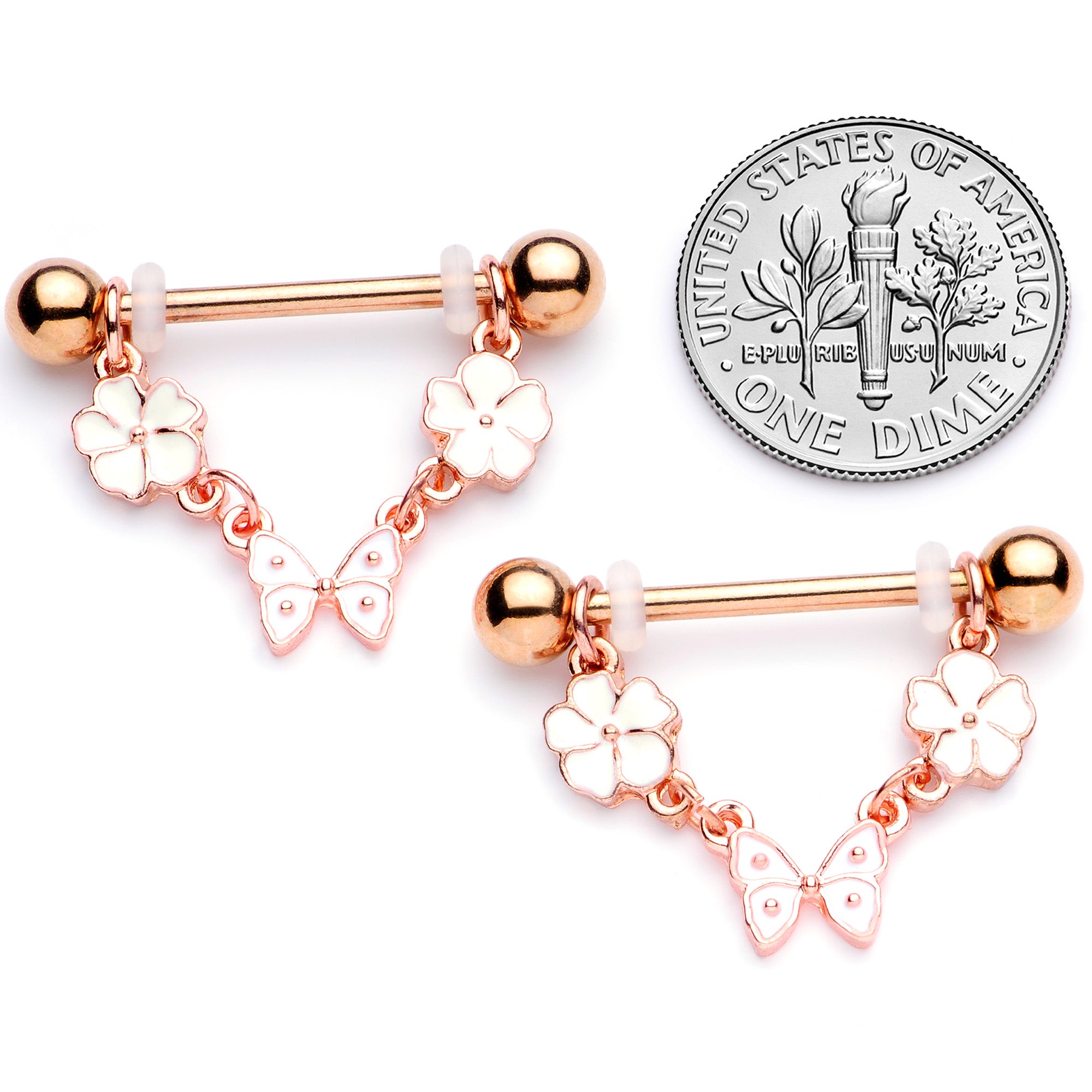 14G 5/8 Gold Tone White Flower Butterfly Dangle Nipple Ring Set