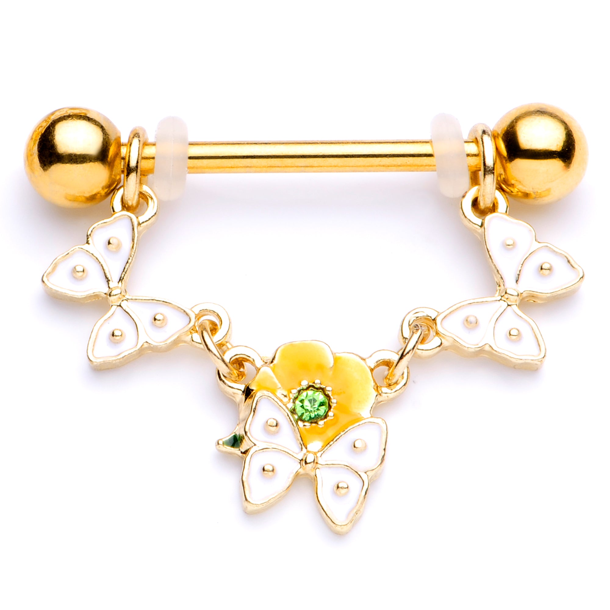 14G 5/8 Green Gem Gold Tone Butterfly Dangle Nipple Ring Set