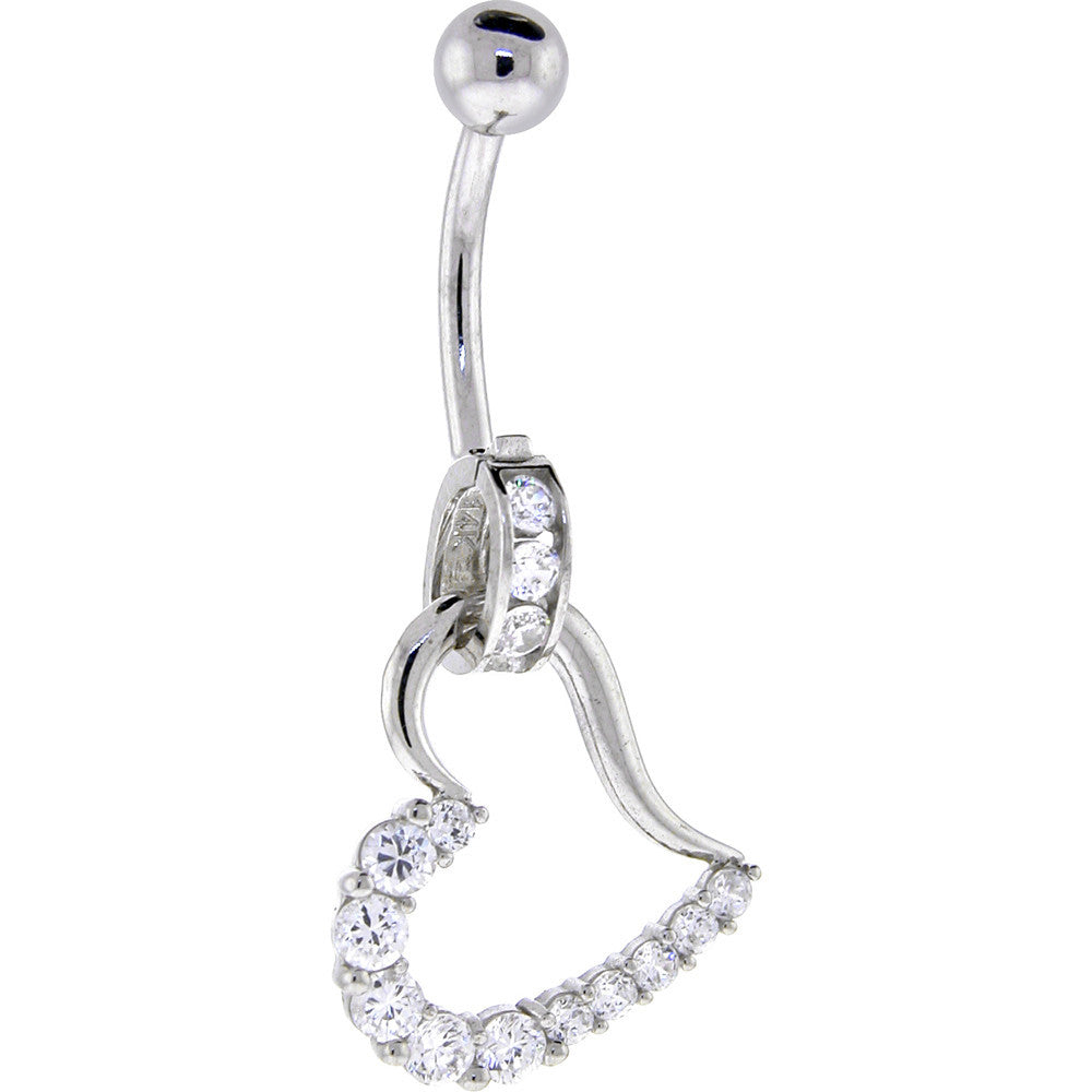 Solid 14KT White Gold Cubic Zirconia  HOLLOW HEART CHARM Belly Ring