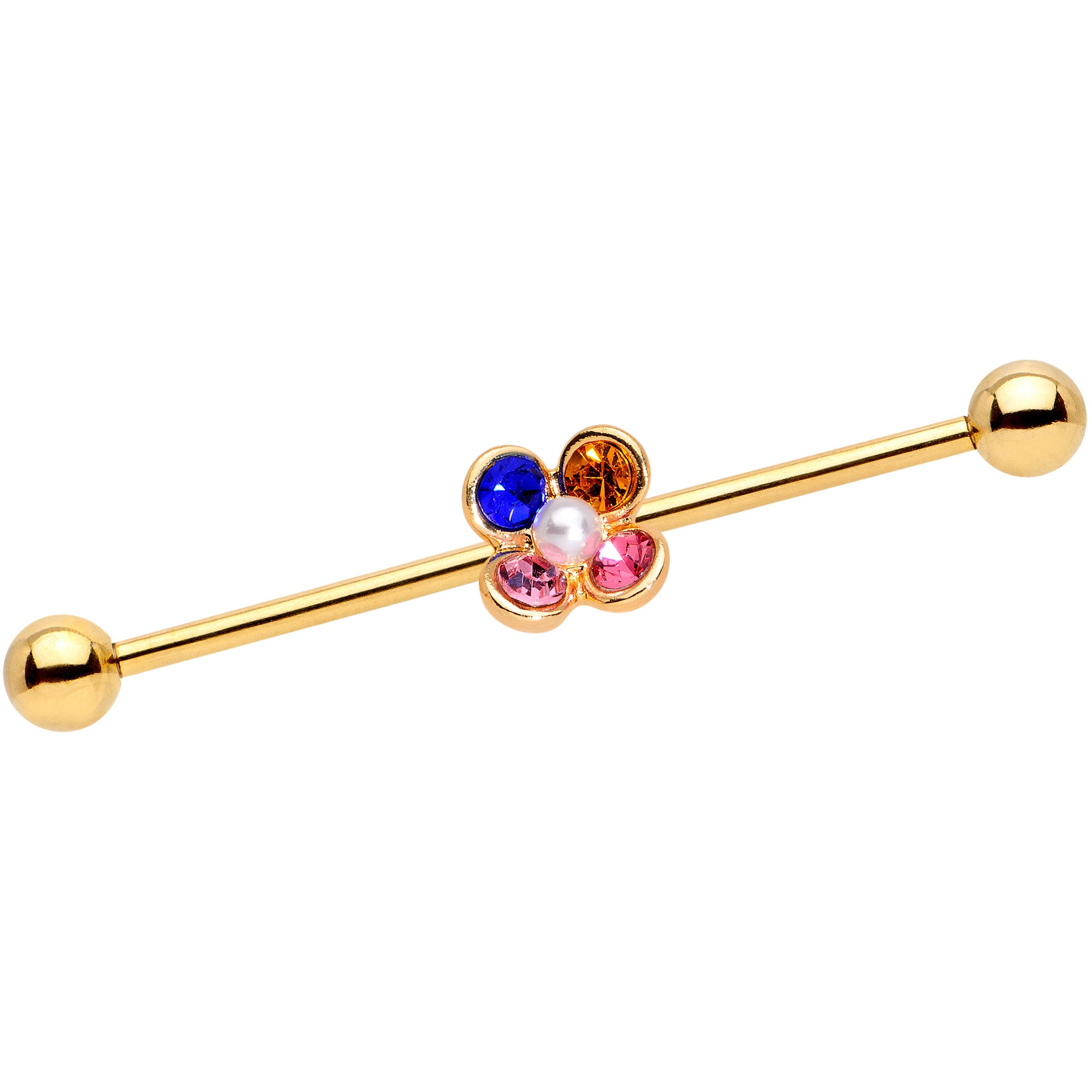 14G Pink Blue Yellow Gem Gold Tone Flower Industrial Barbell 38mm