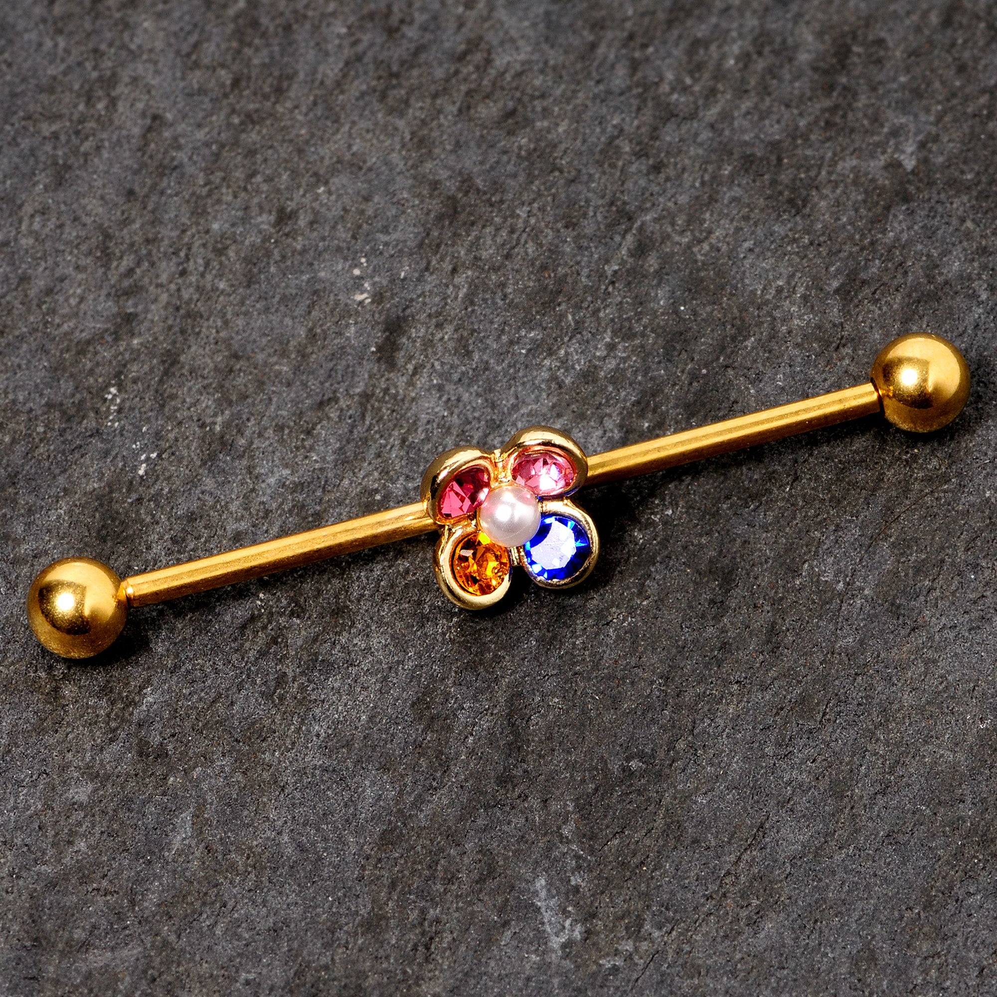 14G Pink Blue Yellow Gem Gold Tone Flower Industrial Barbell 38mm