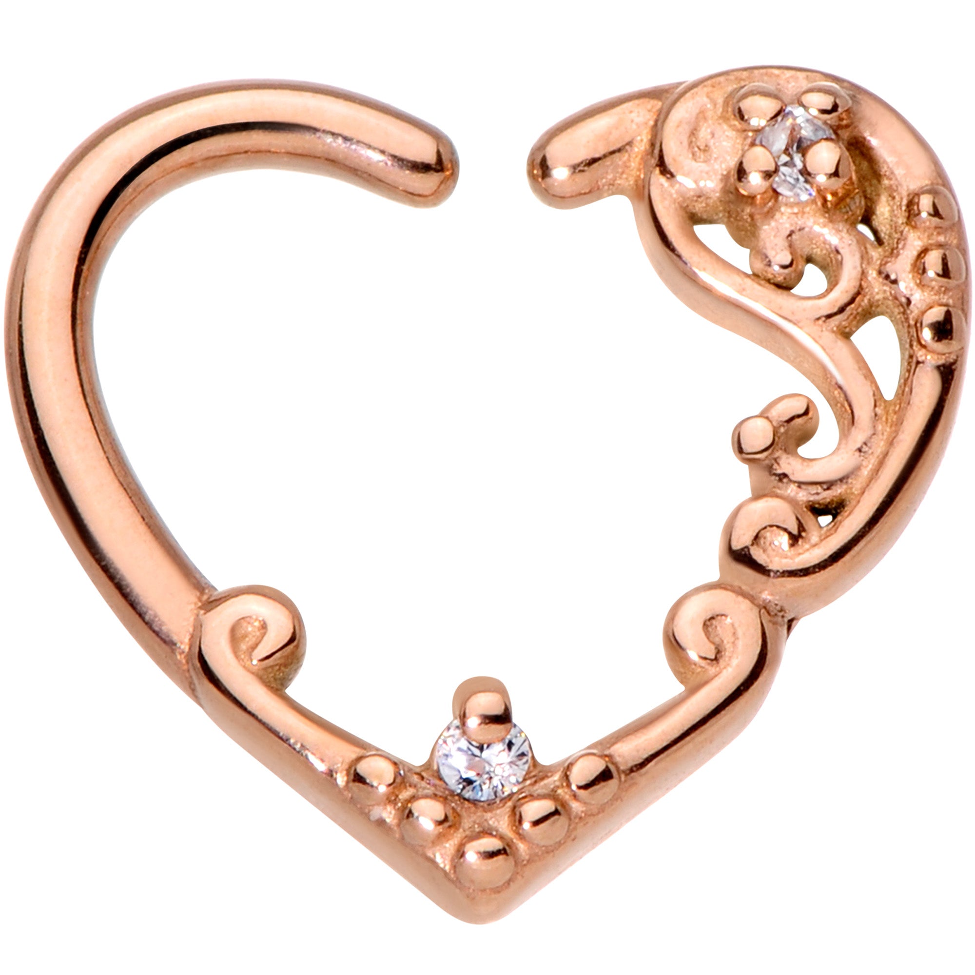 16G 3/8 Clear CZ Gem Rose Gold Tone Heart Left Ear Closure Ring