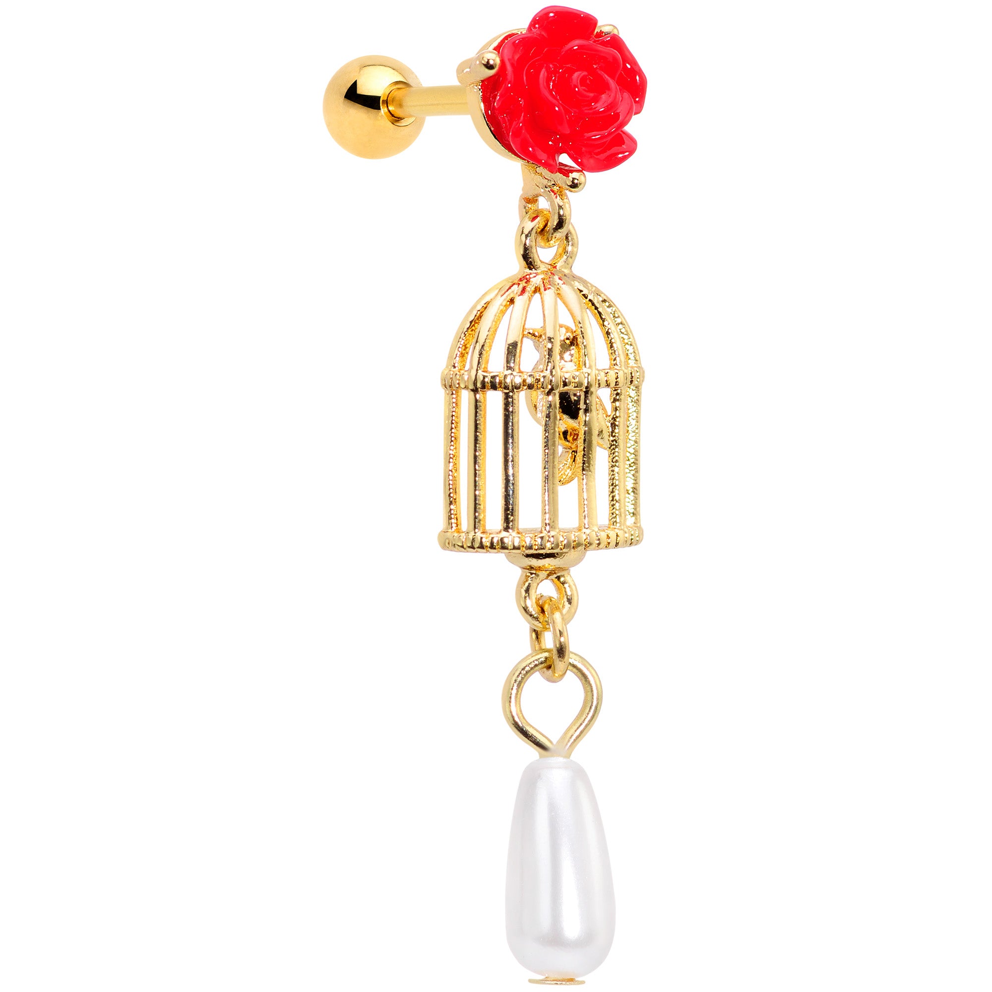 16G 1/4 Red Flower Gold Tone Birdcage Dangle Cartilage Tragus
