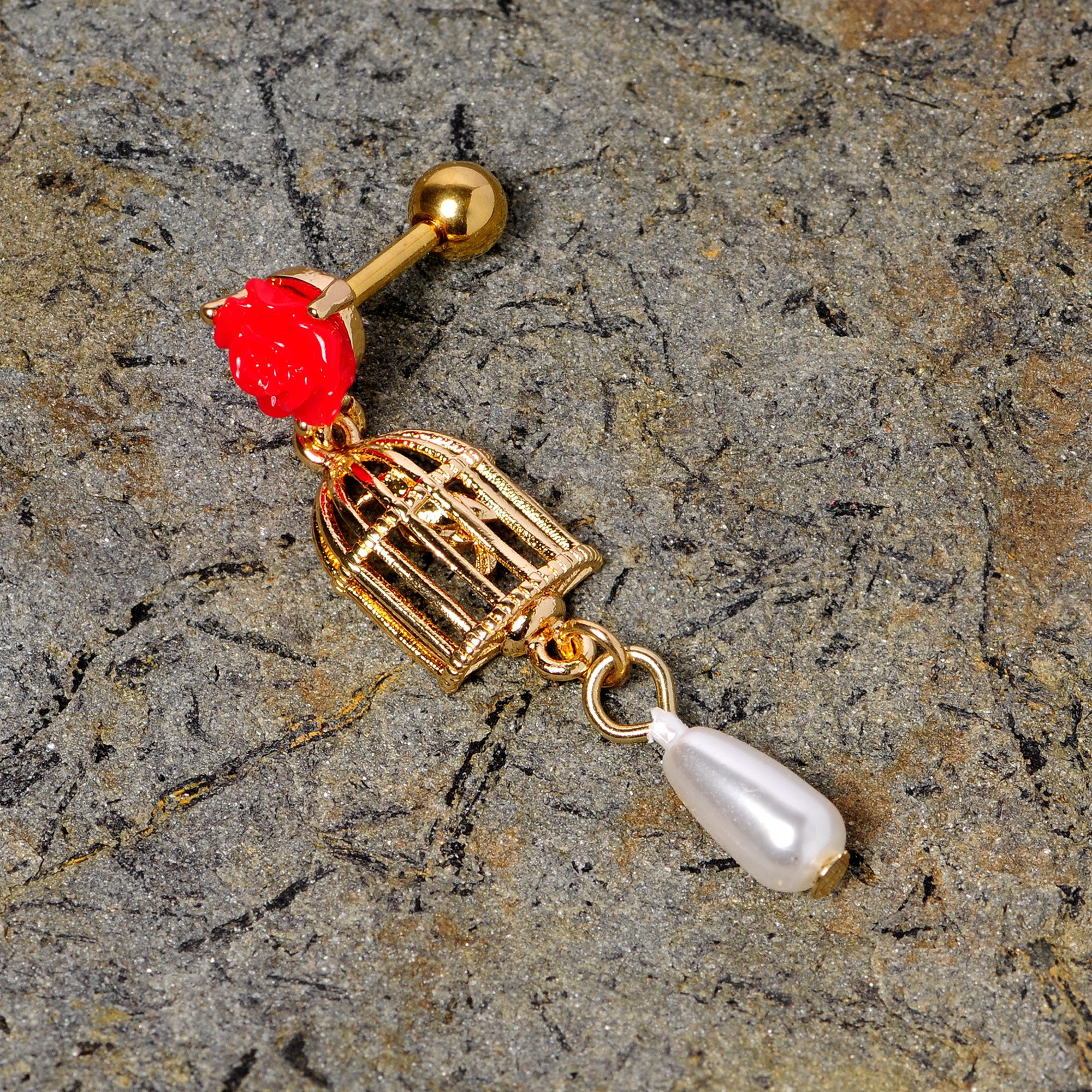 16G 1/4 Red Flower Gold Tone Birdcage Dangle Cartilage Tragus