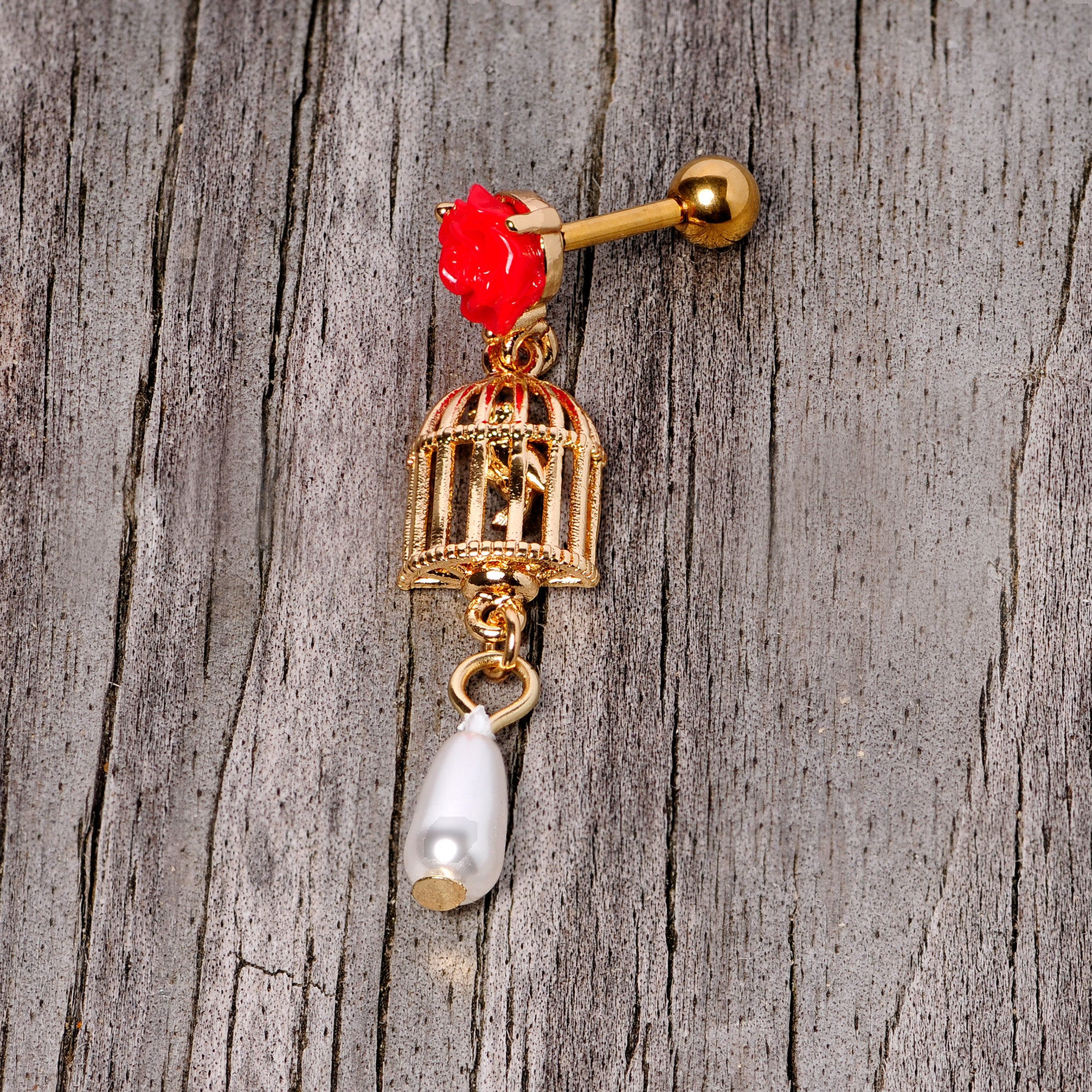 16G 1/4 Red Flower Gold Tone Birdcage Dangle Cartilage Tragus