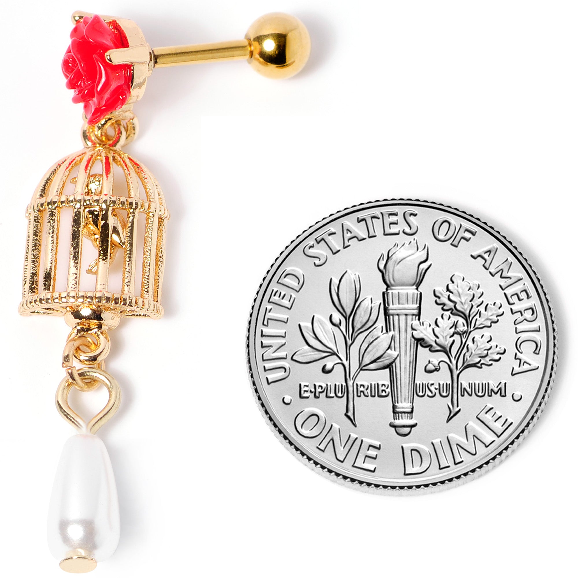 16G 1/4 Red Flower Gold Tone Birdcage Dangle Cartilage Tragus