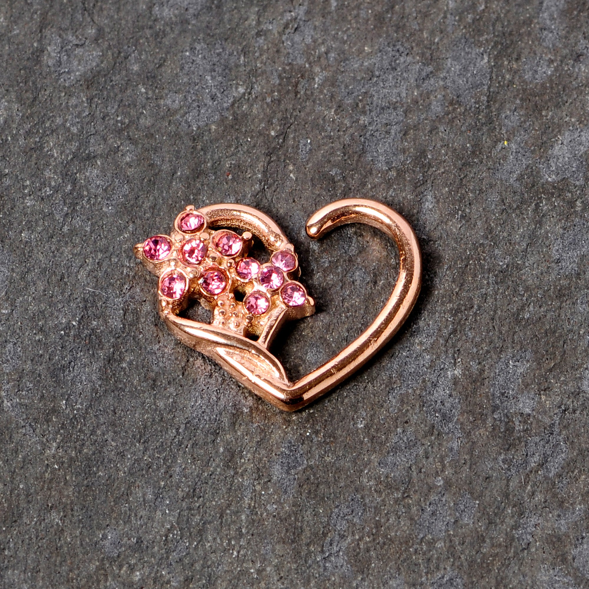16G 3/8 Pink Gem Rose Gold Tone Heart Right Ear Closure Ring