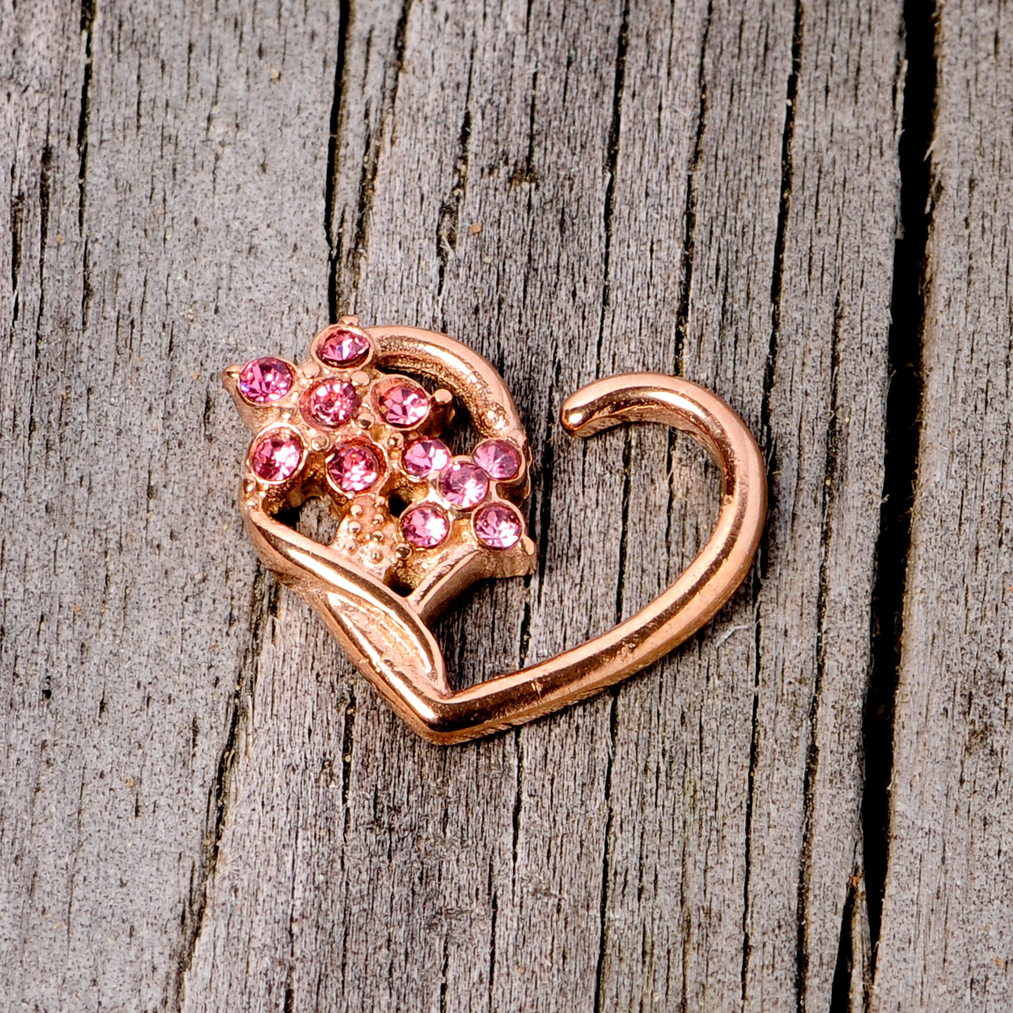 16G 3/8 Pink Gem Rose Gold Tone Heart Right Ear Closure Ring