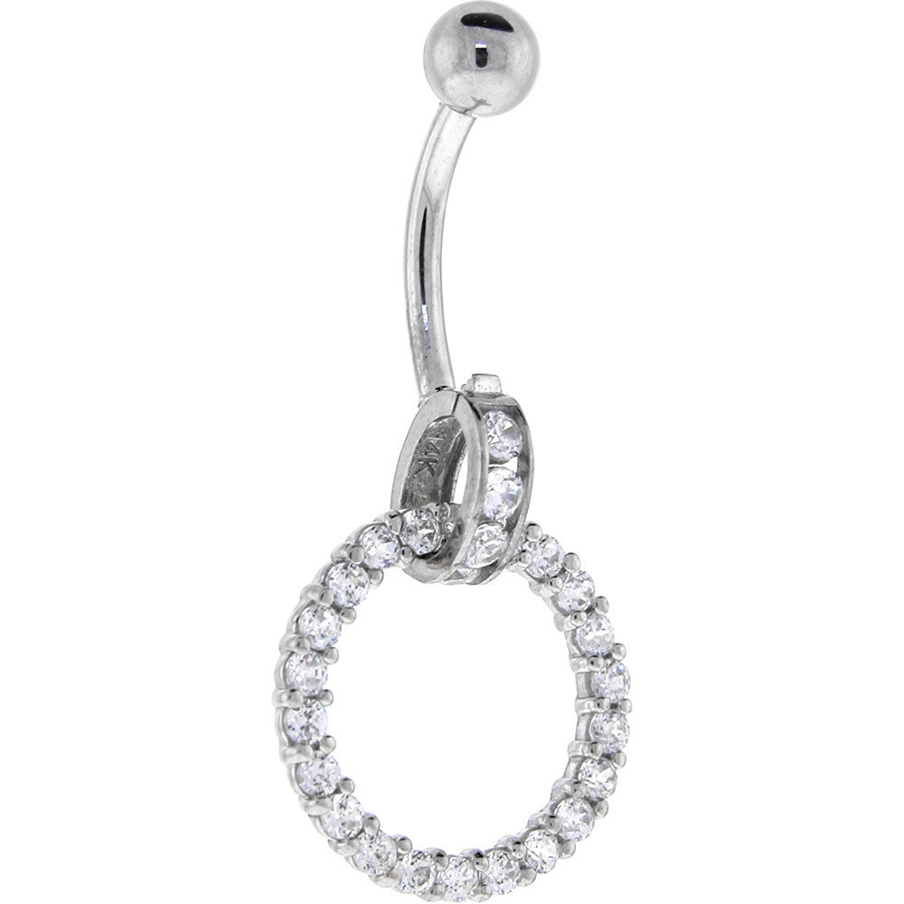 Solid 14KT White Gold Cubic Zirconia CIRCLE CHARM Belly Ring