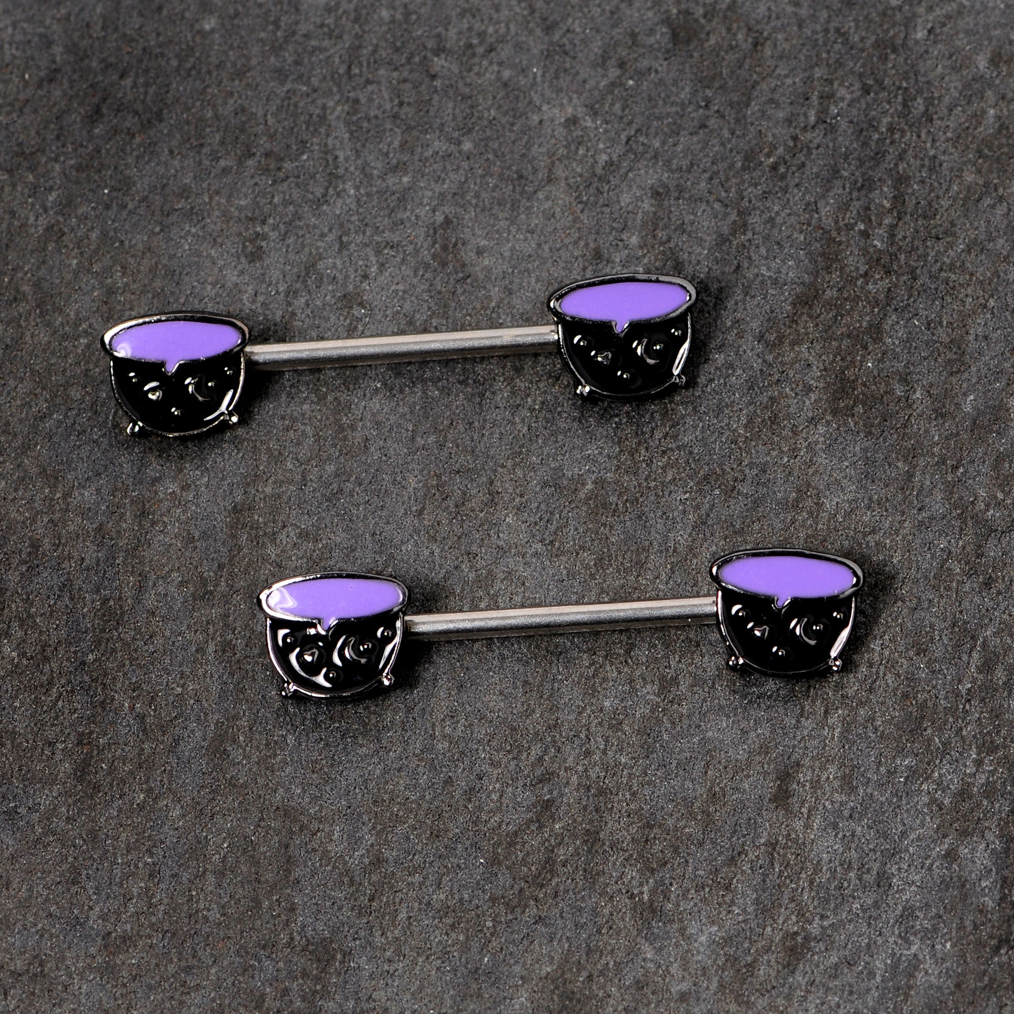 14G 11/16 Purple Cauldron Halloween Barbell Nipple Ring Set