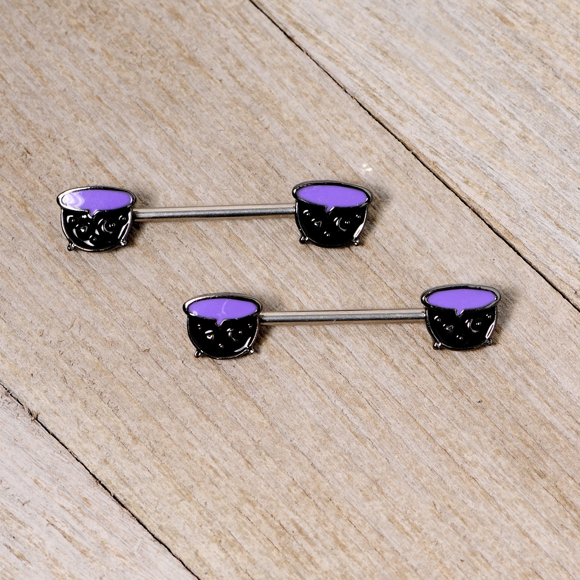 14G 11/16 Purple Cauldron Halloween Barbell Nipple Ring Set