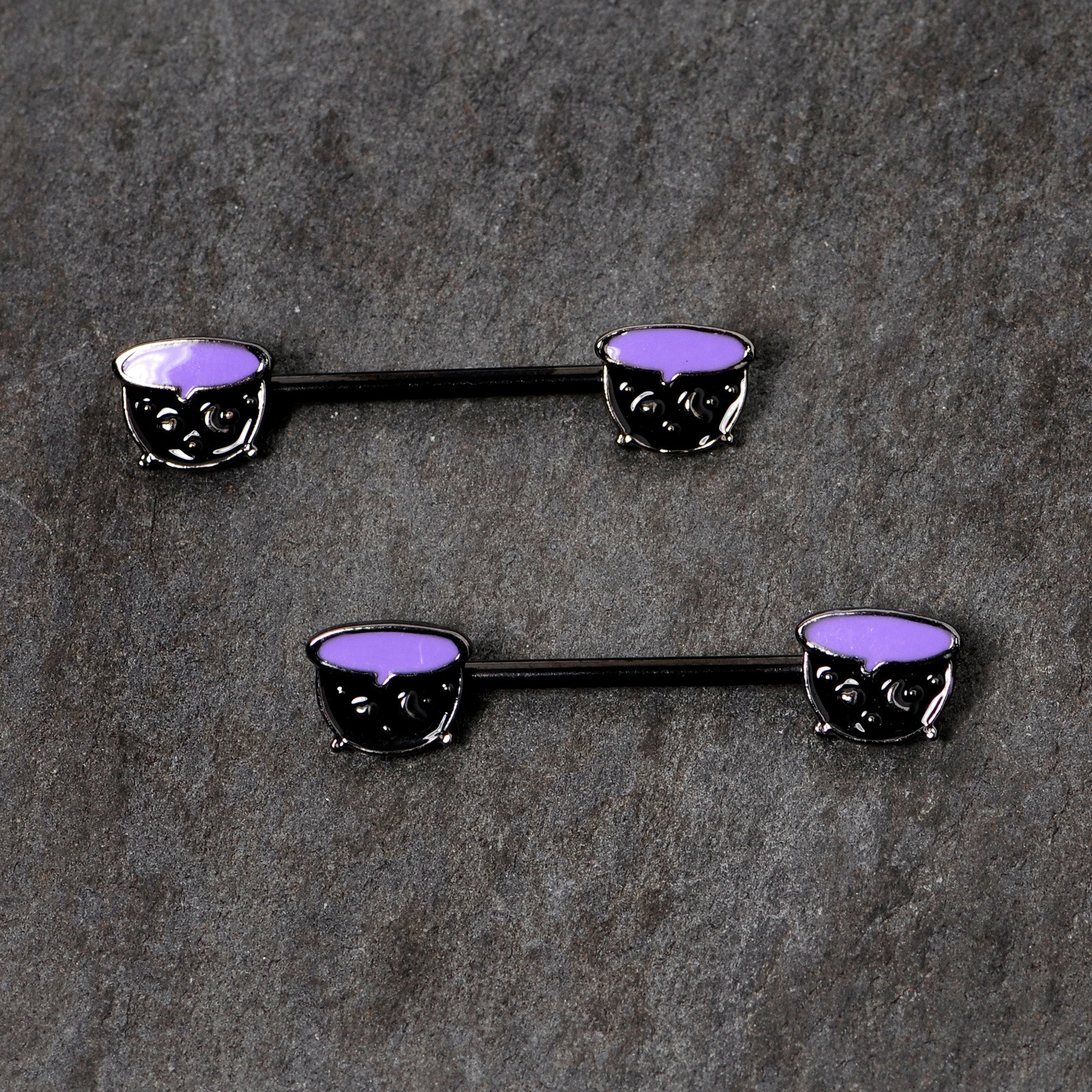 14G 11/16 Black Purple Cauldron Halloween Barbell Nipple Ring Set