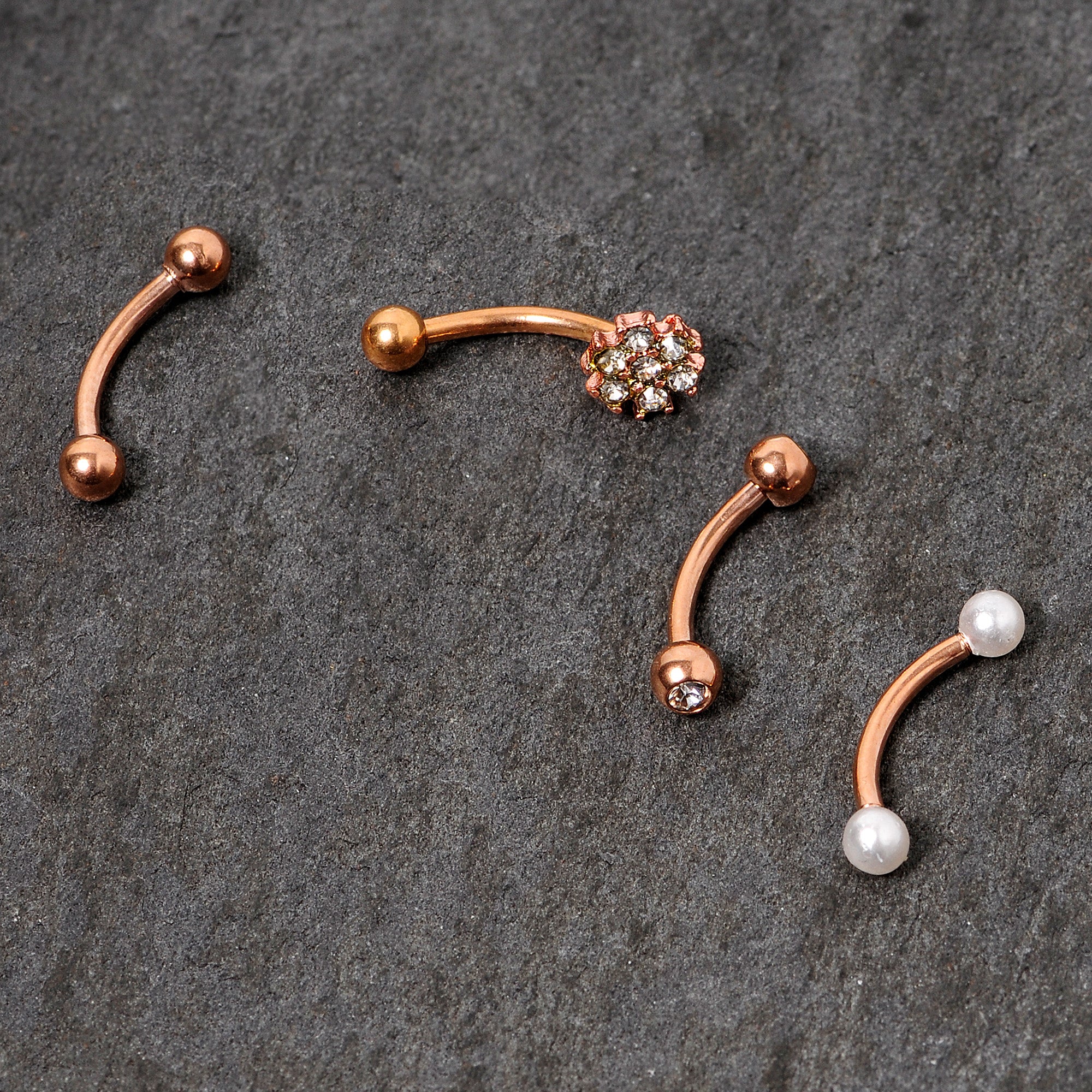 16G 5/16 Clear Gem Rose Gold Tone Curved Eyebrow Ring Set of 4