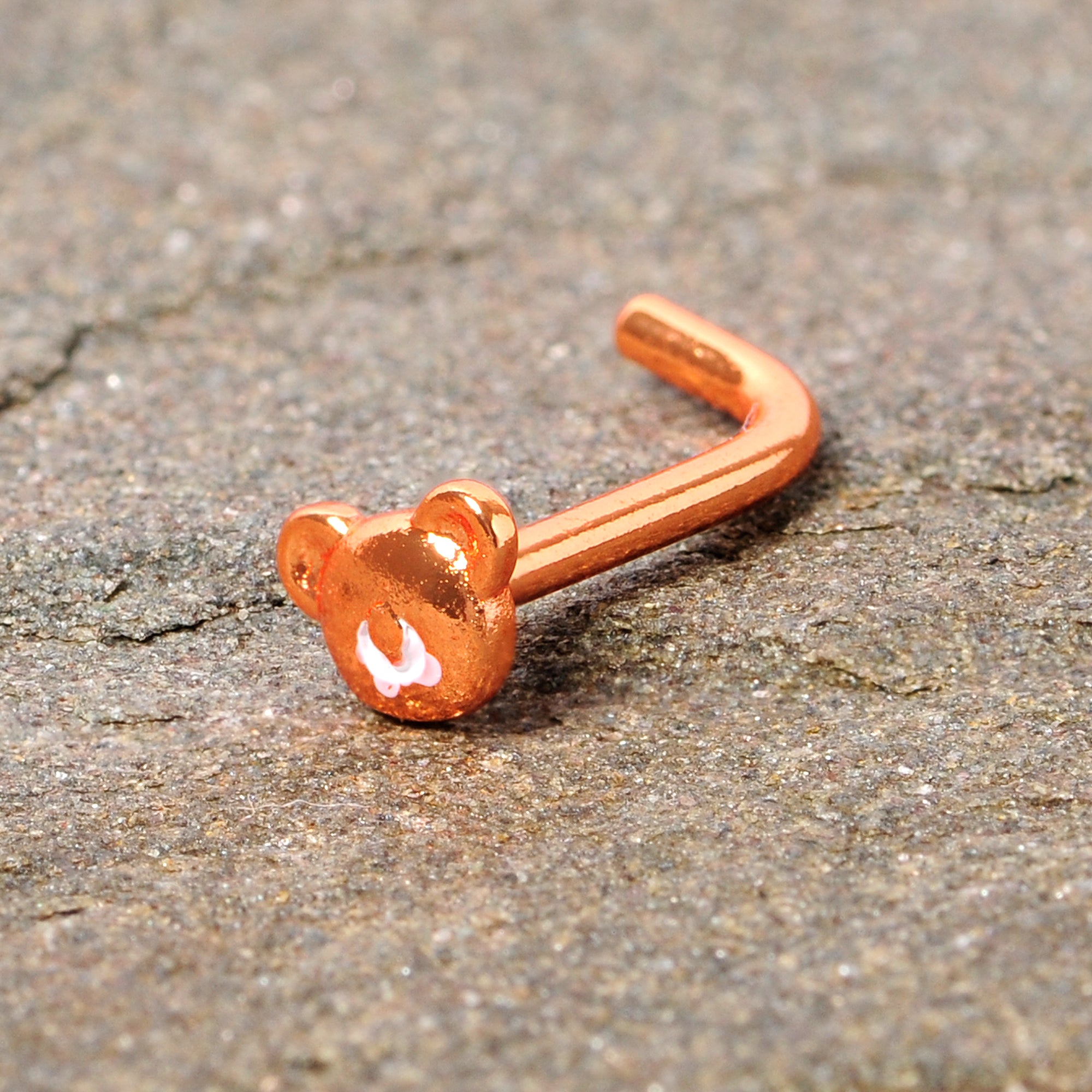 18G 5/16 Rose Gold Tone Tiny Teddy Bear L Shaped Nose Ring