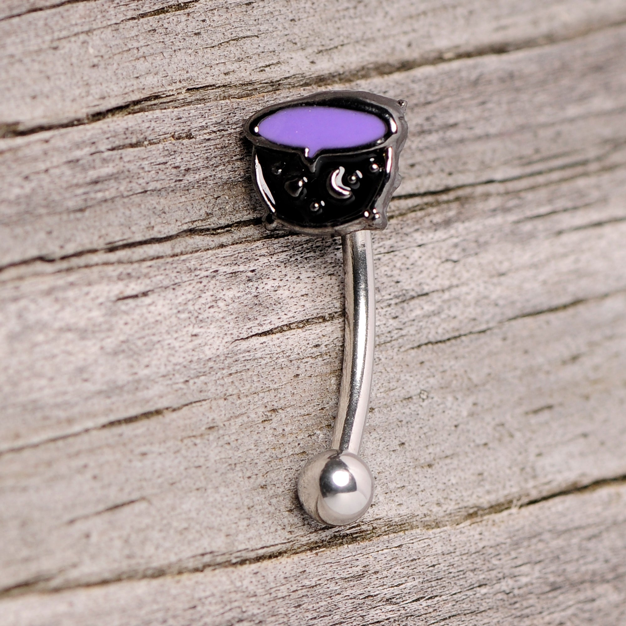16G 5/16 Black Purple Cauldron Halloween Curved Eyebrow Ring