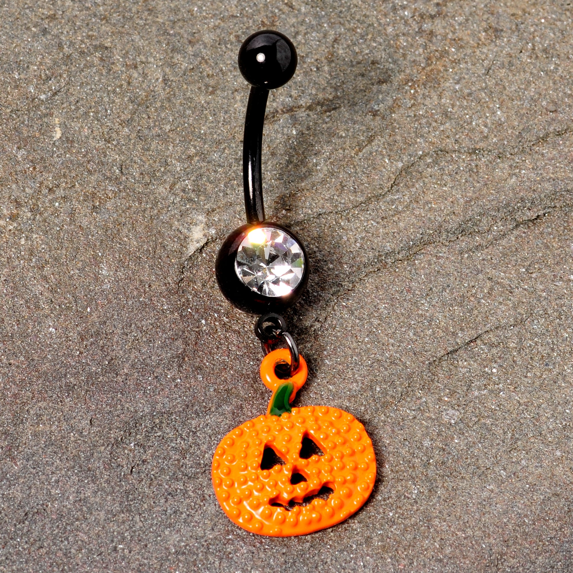 Clear Gem Black Orange Pumpkin Halloween Dangle Belly Ring