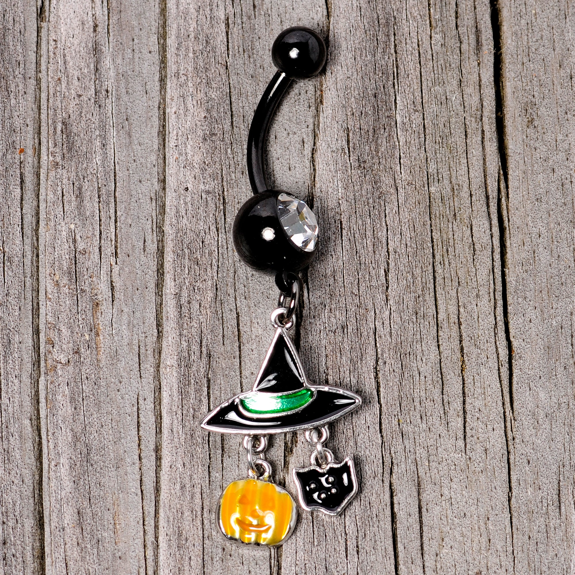 Clear Gem Black Cat Witch Hat Halloween Dangle Belly Ring